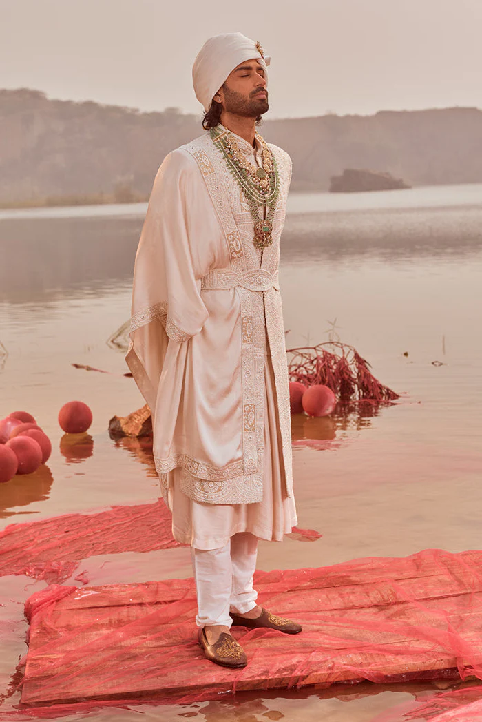 White pearl work embroidered Sherwani set - Image 3