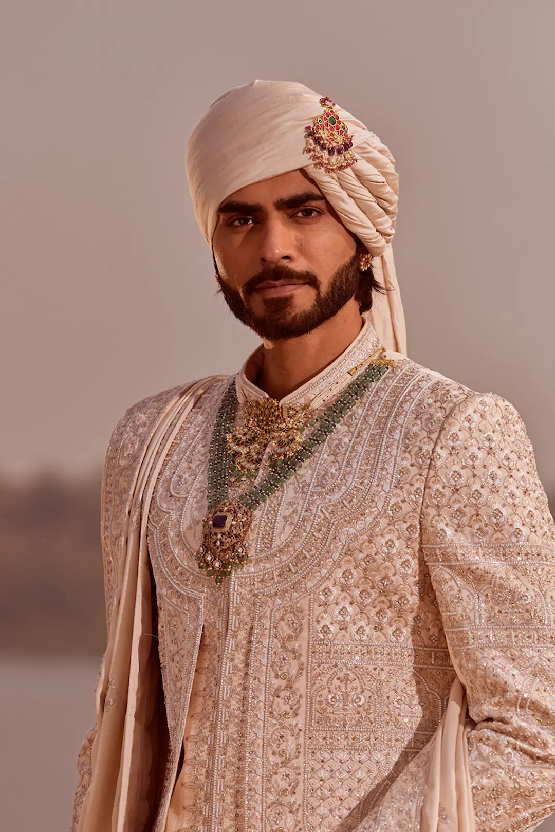 Rose gold silk Sherwani set in thread work embroidery - Image 3