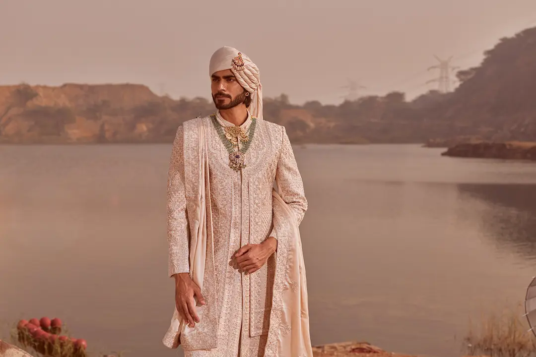 Rose gold silk Sherwani set in thread work embroidery - Image 4