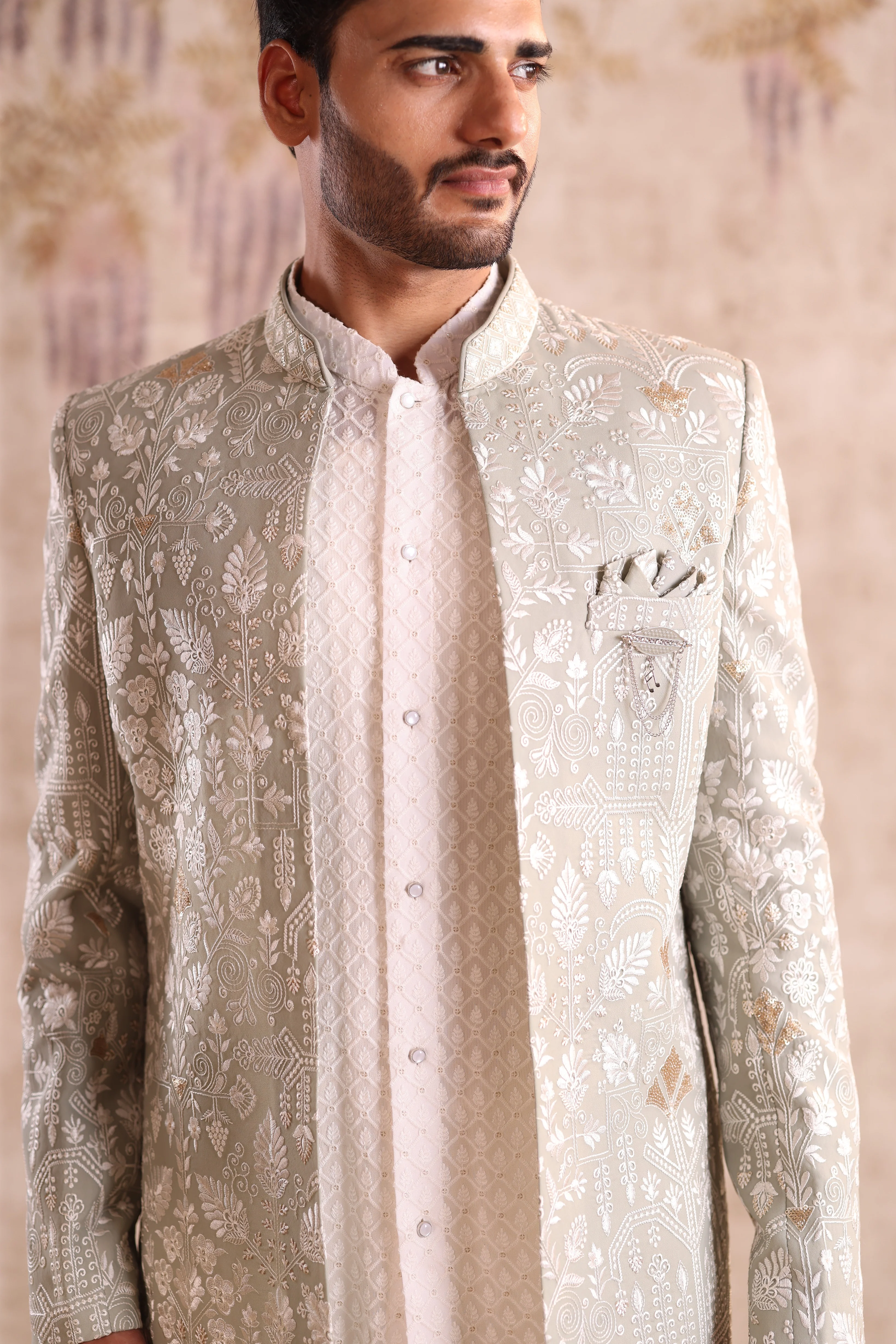 Pista green colour embroidered indo western with georgette kurta - Image 3