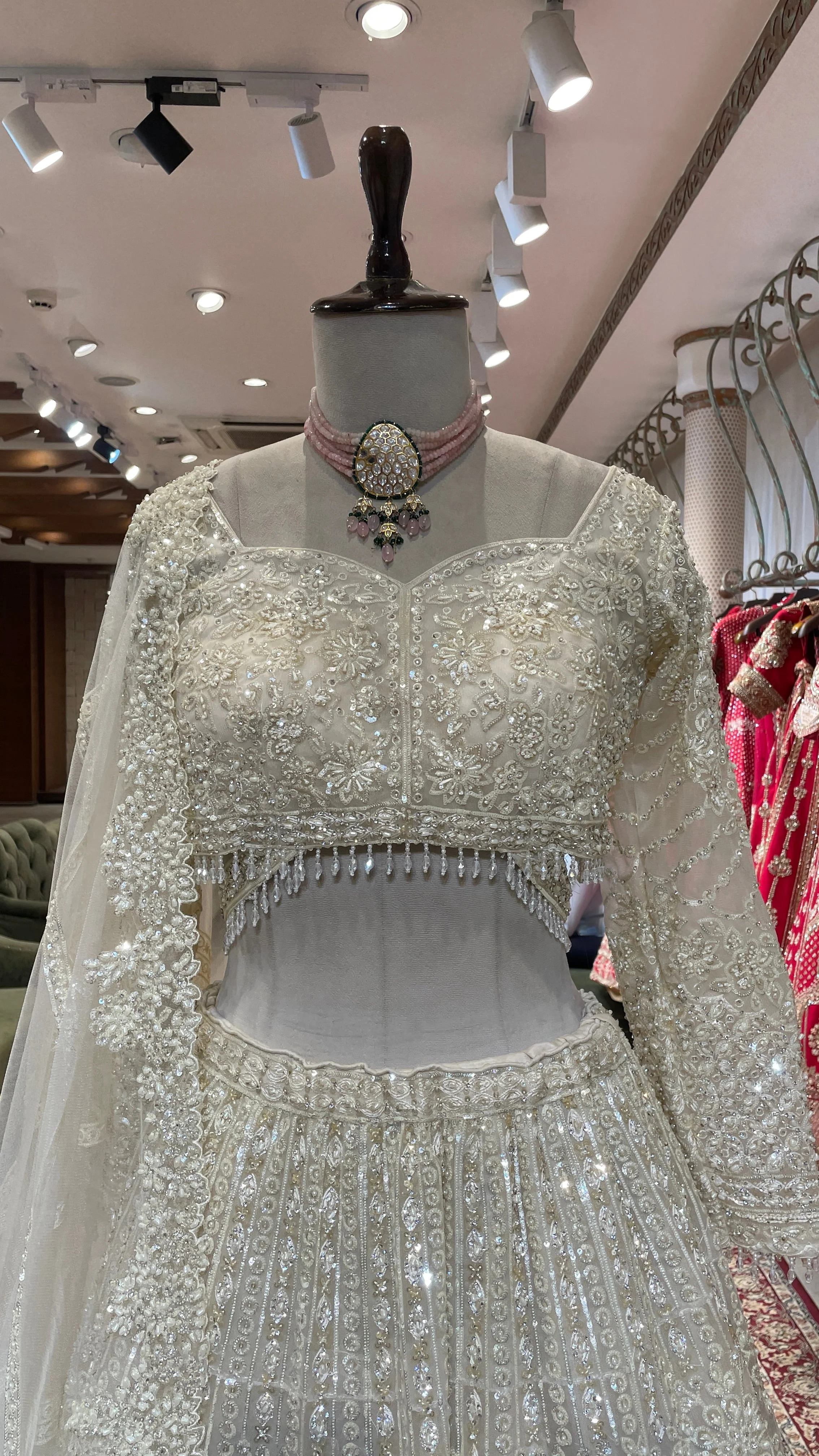 Ivory net lehenga with pearl and sequins embellishments - Image 5