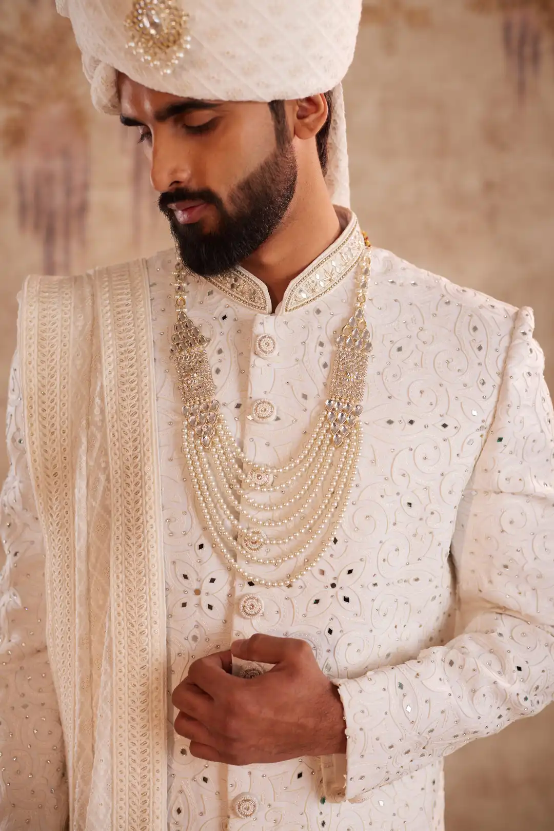 Ivory Sherwani Set with Mirror Detailing | Designer Groom Wedding Sherwani - Image 3