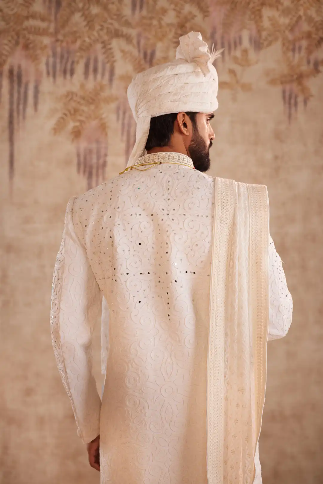 Ivory Sherwani Set with Mirror Detailing | Designer Groom Wedding Sherwani - Image 4