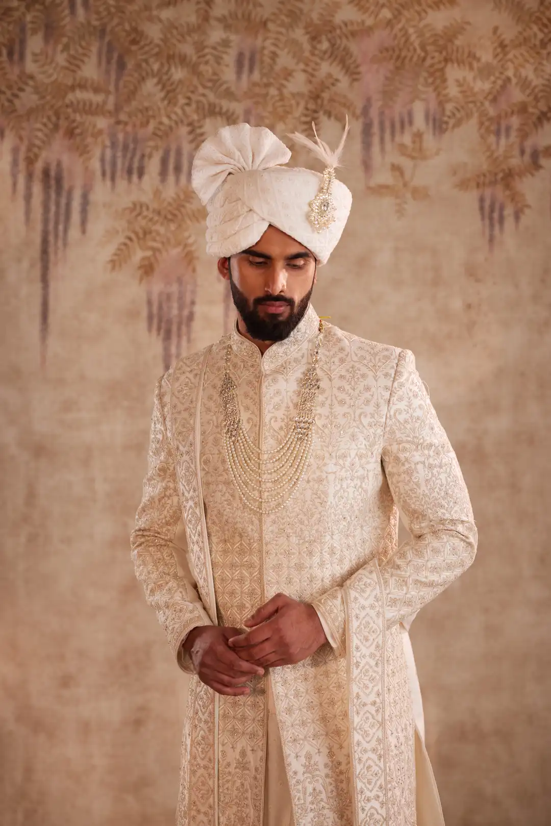 Ivory Sherwani suit with beads and zari work - Image 2