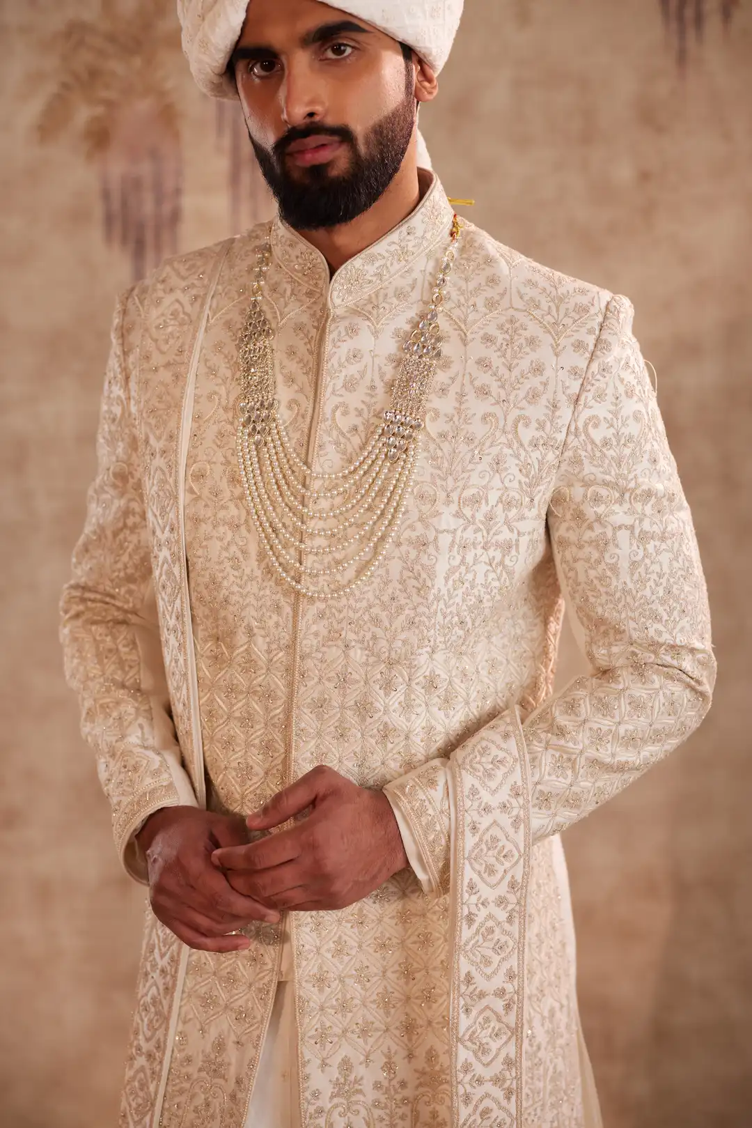 Ivory Sherwani suit with beads and zari work - Image 3