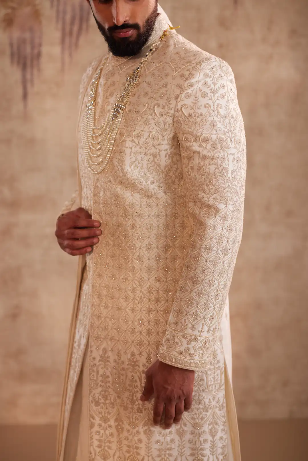 Ivory Sherwani suit with beads and zari work - Image 4