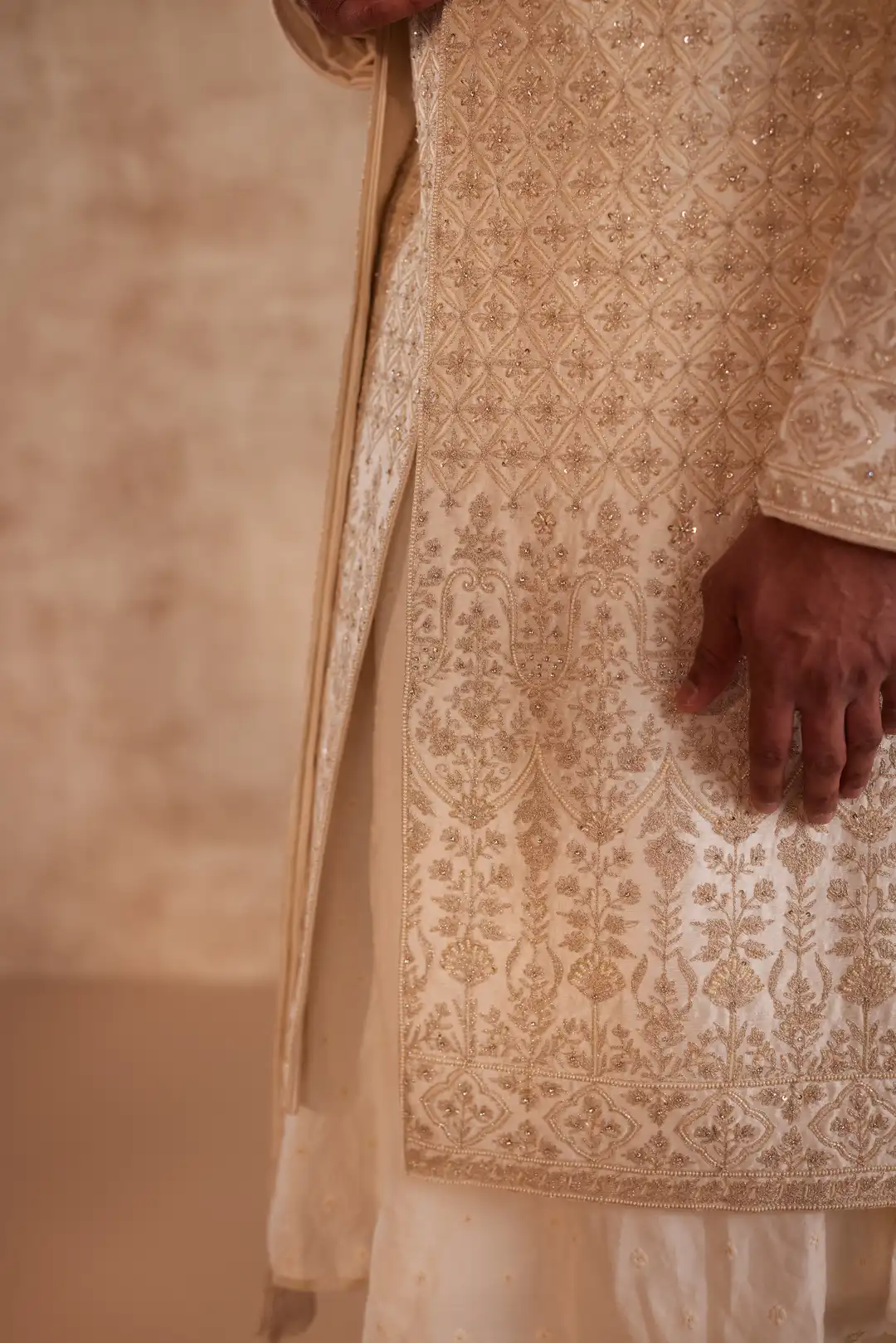 Ivory Sherwani suit with beads and zari work - Image 5