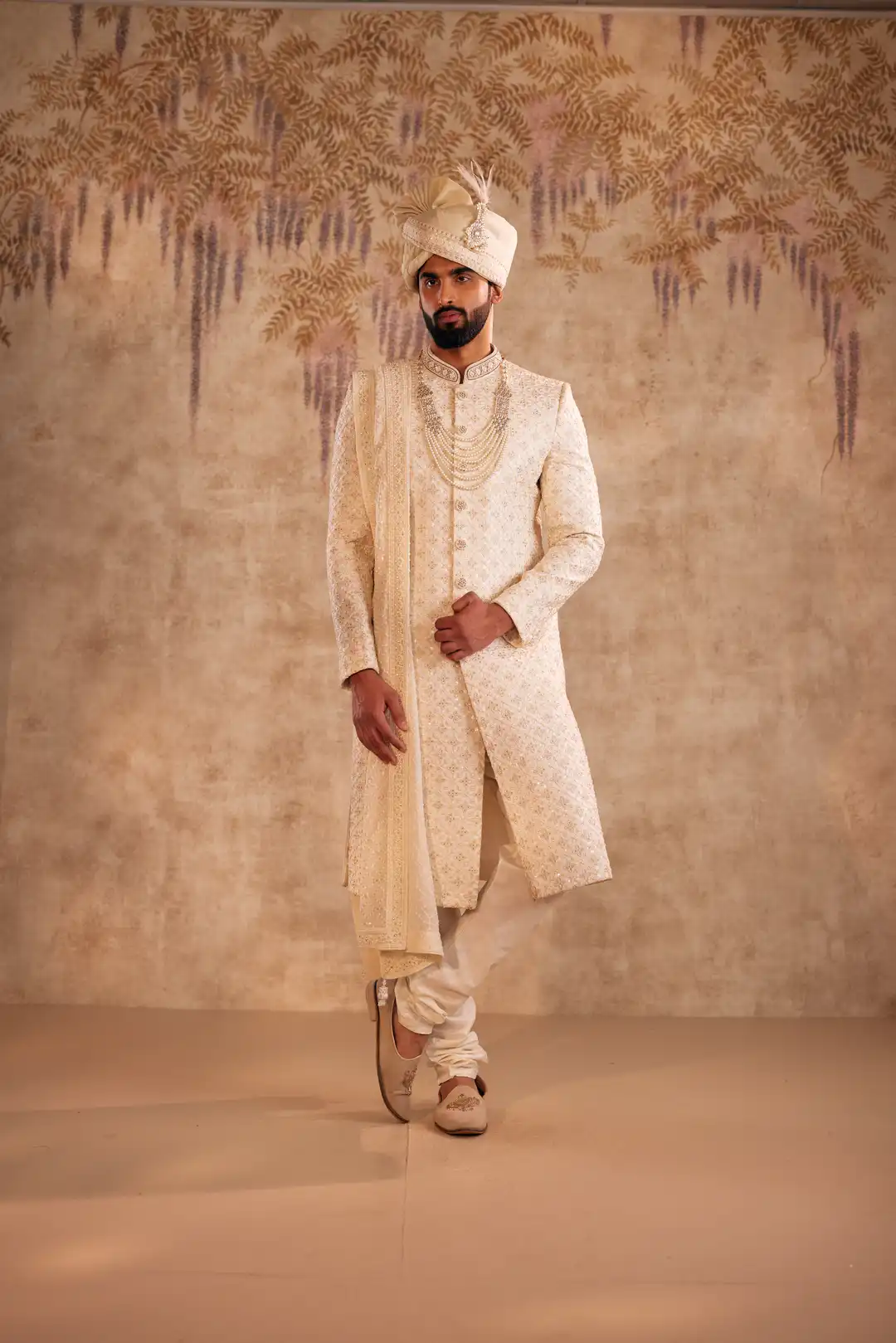 Ivory silk Sherwani with geometric and Floral embroidery - Image 2