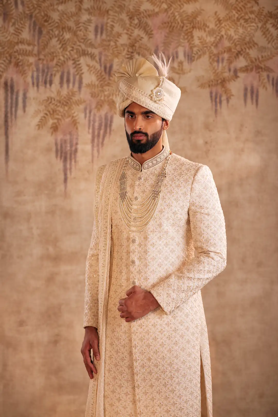 Ivory silk Sherwani with geometric and Floral embroidery - Image 3