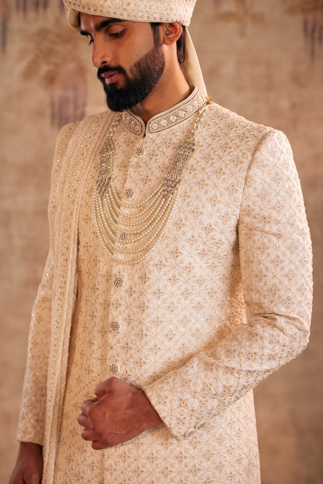 Ivory silk Sherwani with geometric and Floral embroidery - Image 4