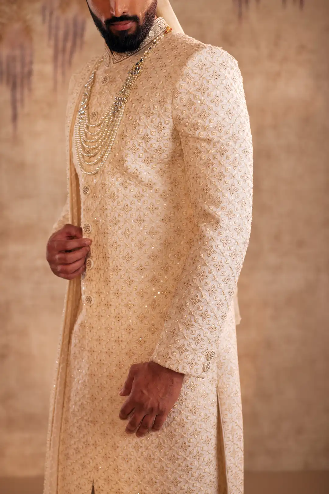 Ivory silk Sherwani with geometric and Floral embroidery - Image 5