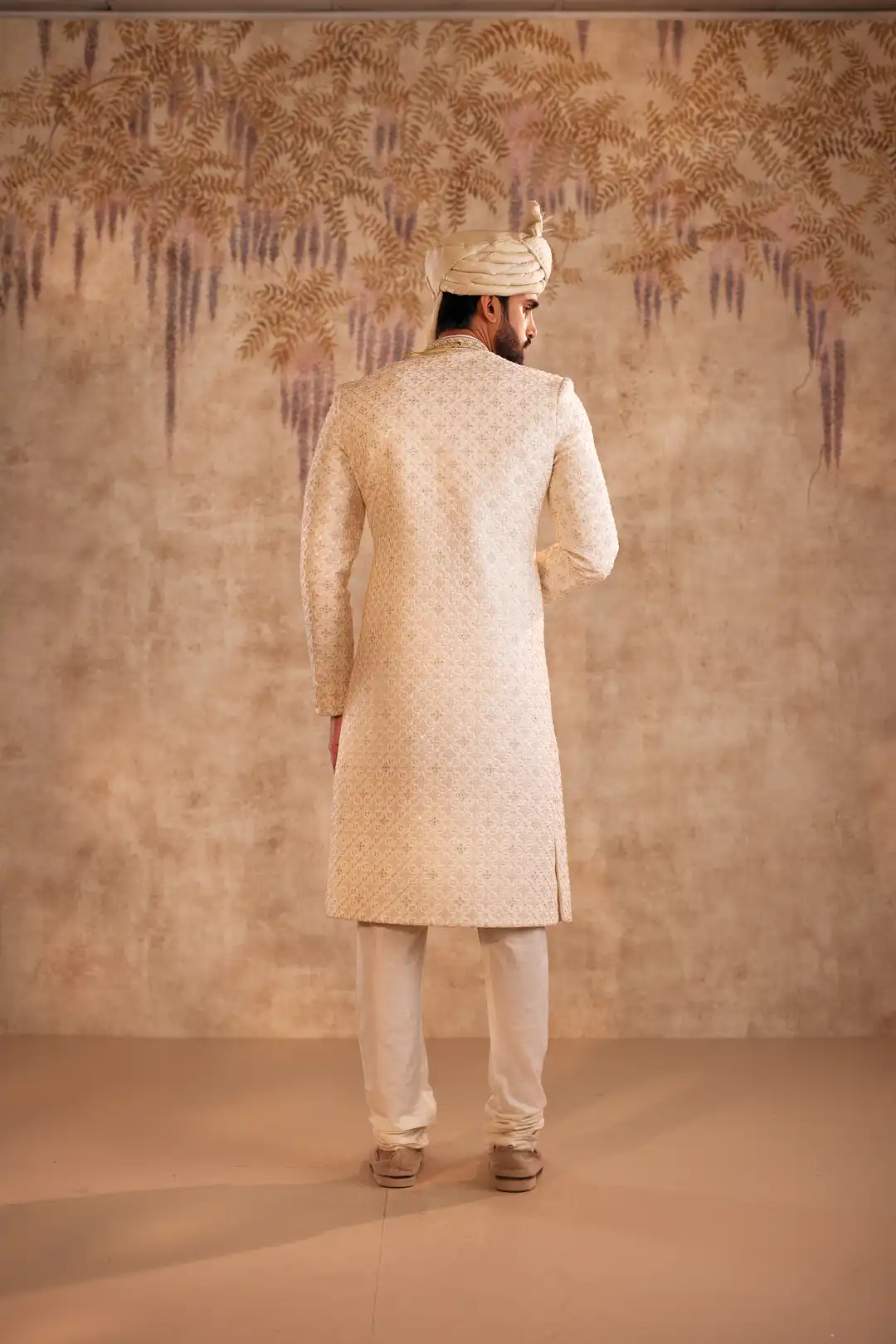 Ivory silk Sherwani with geometric and Floral embroidery - Image 6