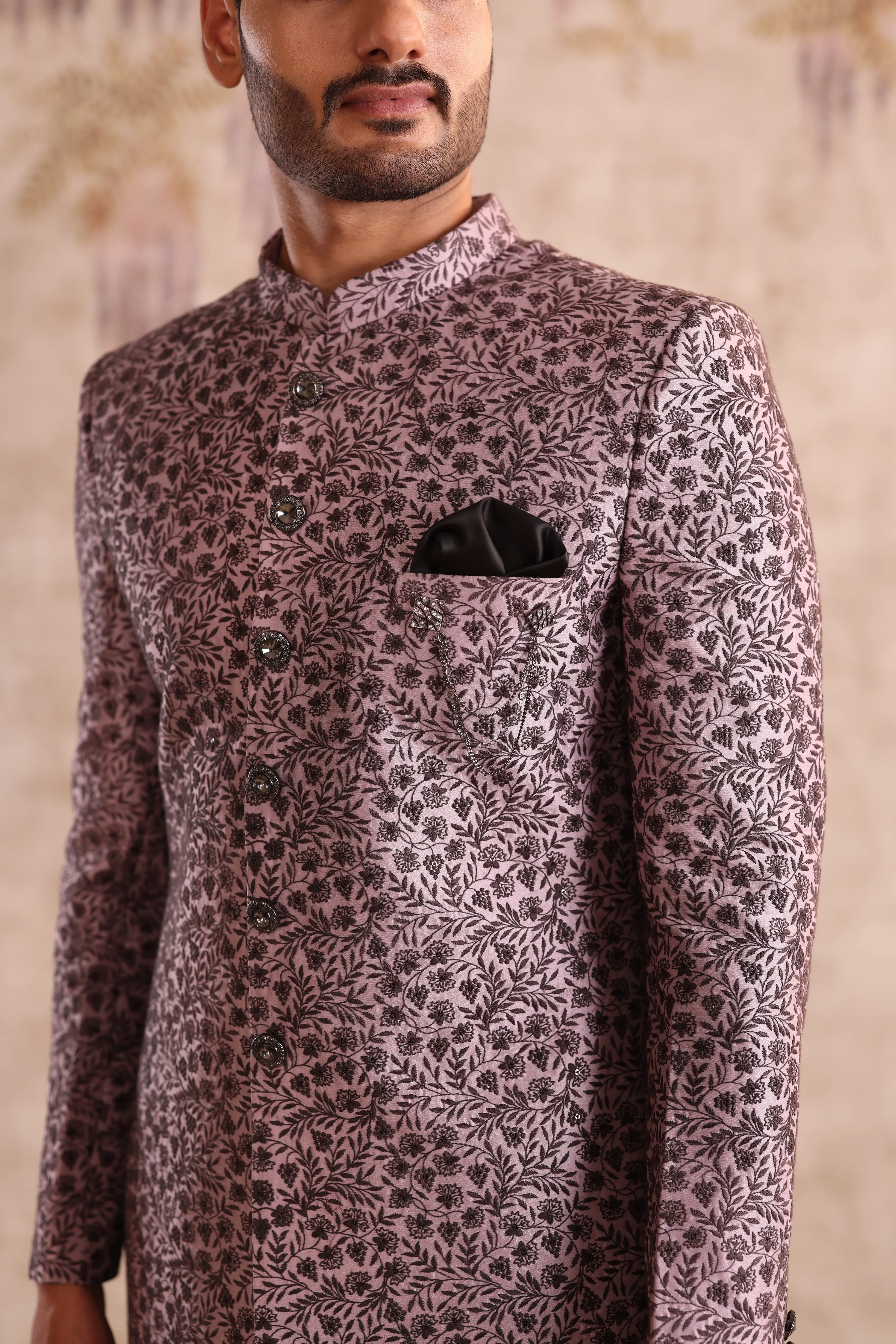 Lavender embroidered indo western and detailing with button - Image 3