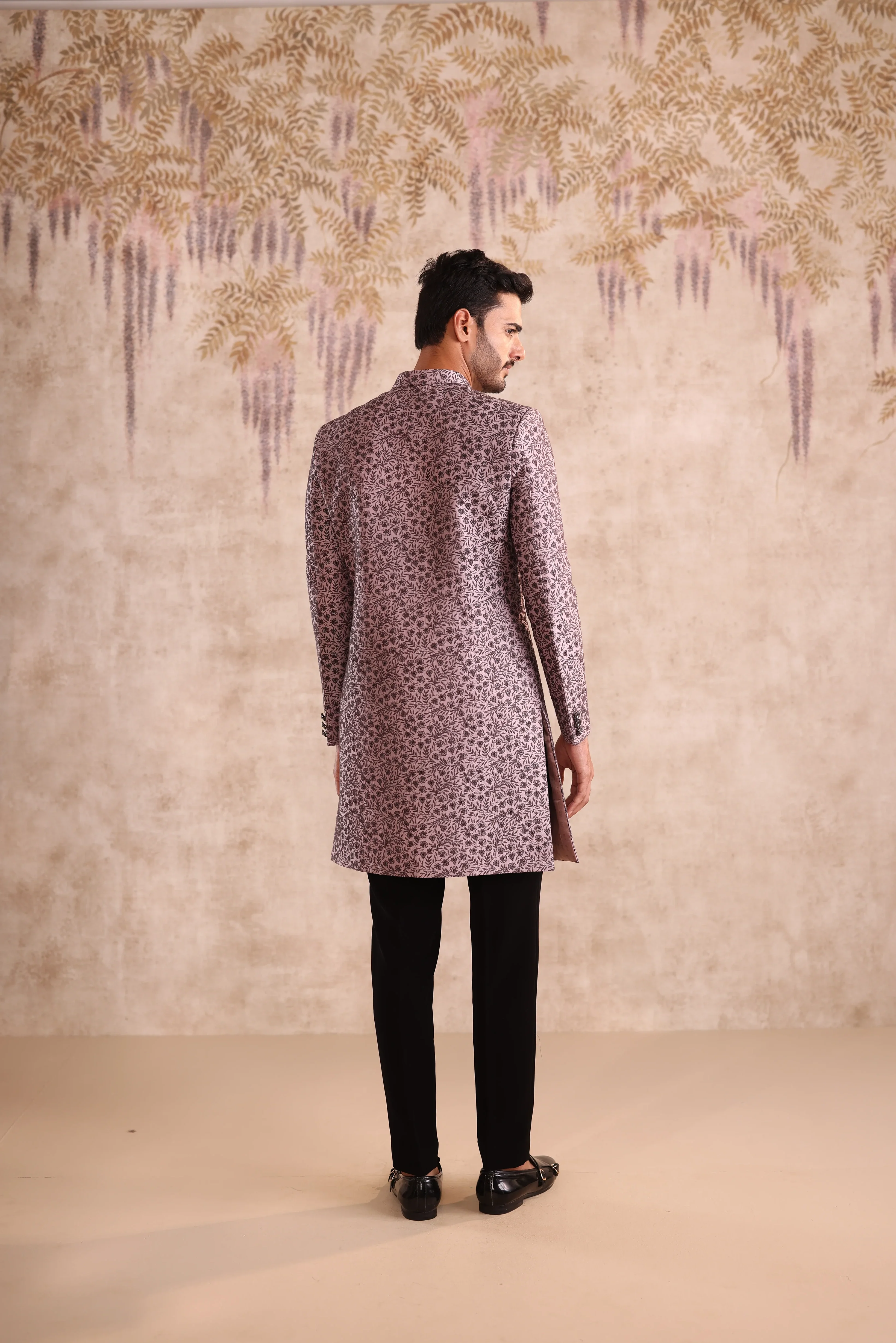Lavender embroidered indo western and detailing with button - Image 4