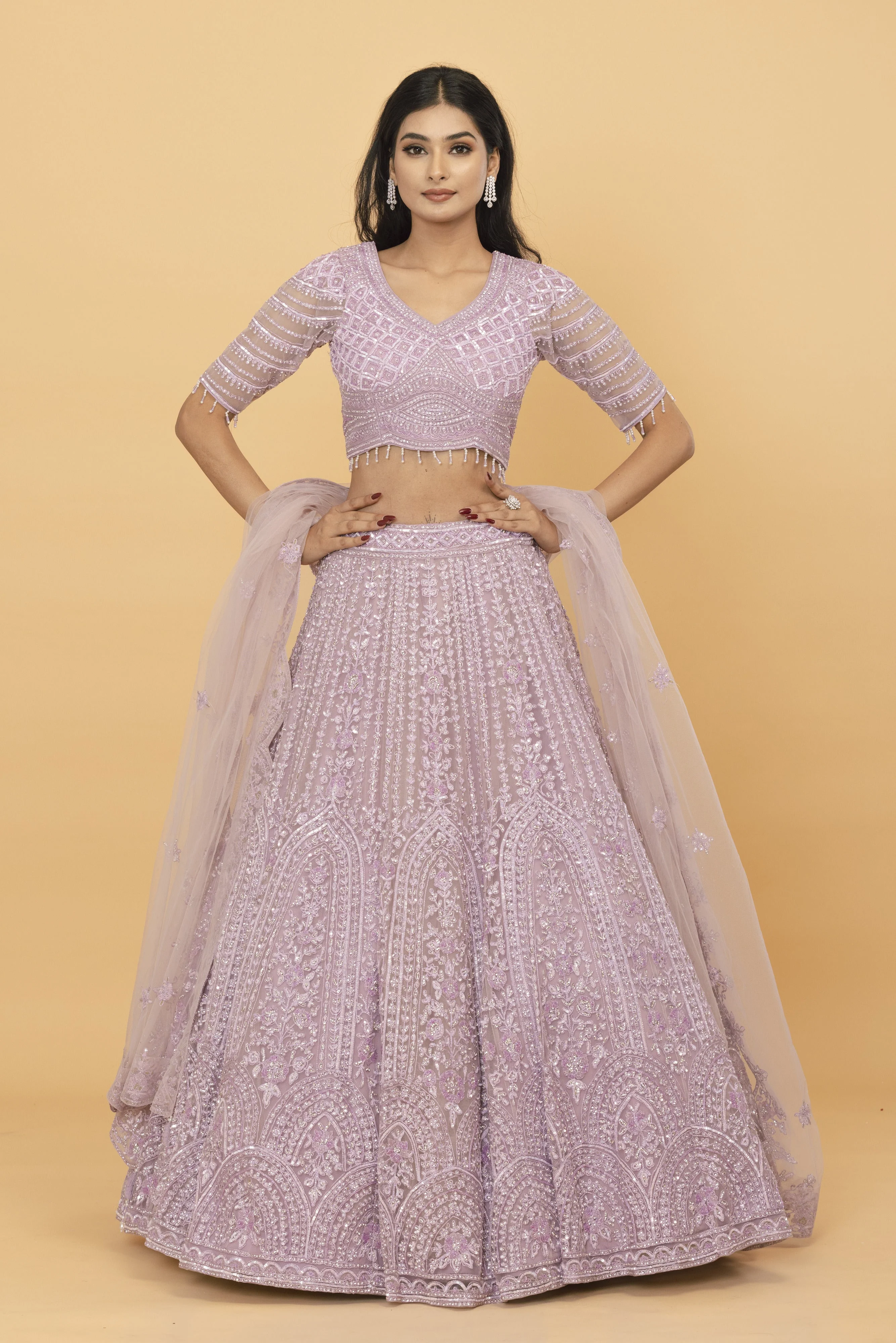 Lavender Net Lehanga with cutdana design - Image 2
