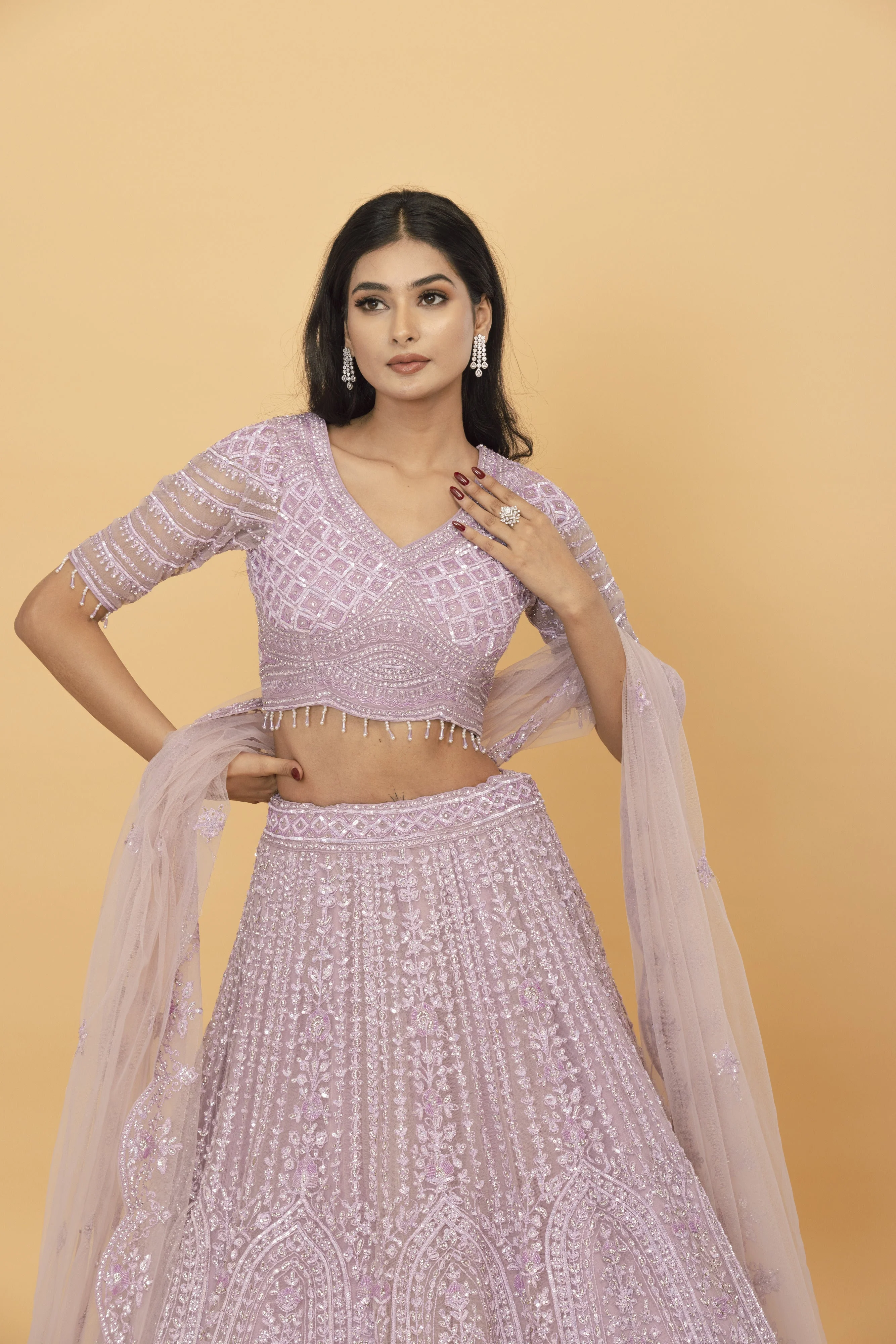 Lavender Net Lehanga with cutdana design - Image 3