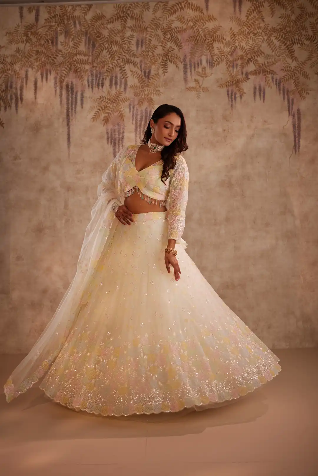 Lemon lehenga with embroidery spring blossoms - Image 2
