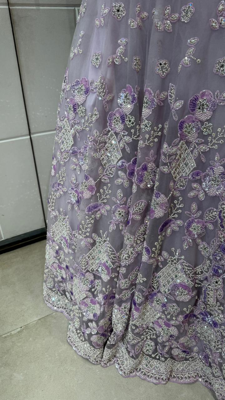 Lilac Embroidered Net Lehenga - Image 3