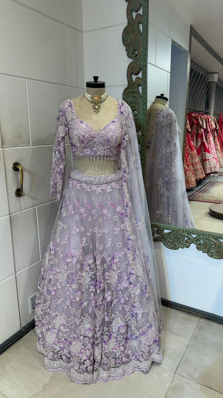 Lilac Embroidered Net Lehenga - Image 4