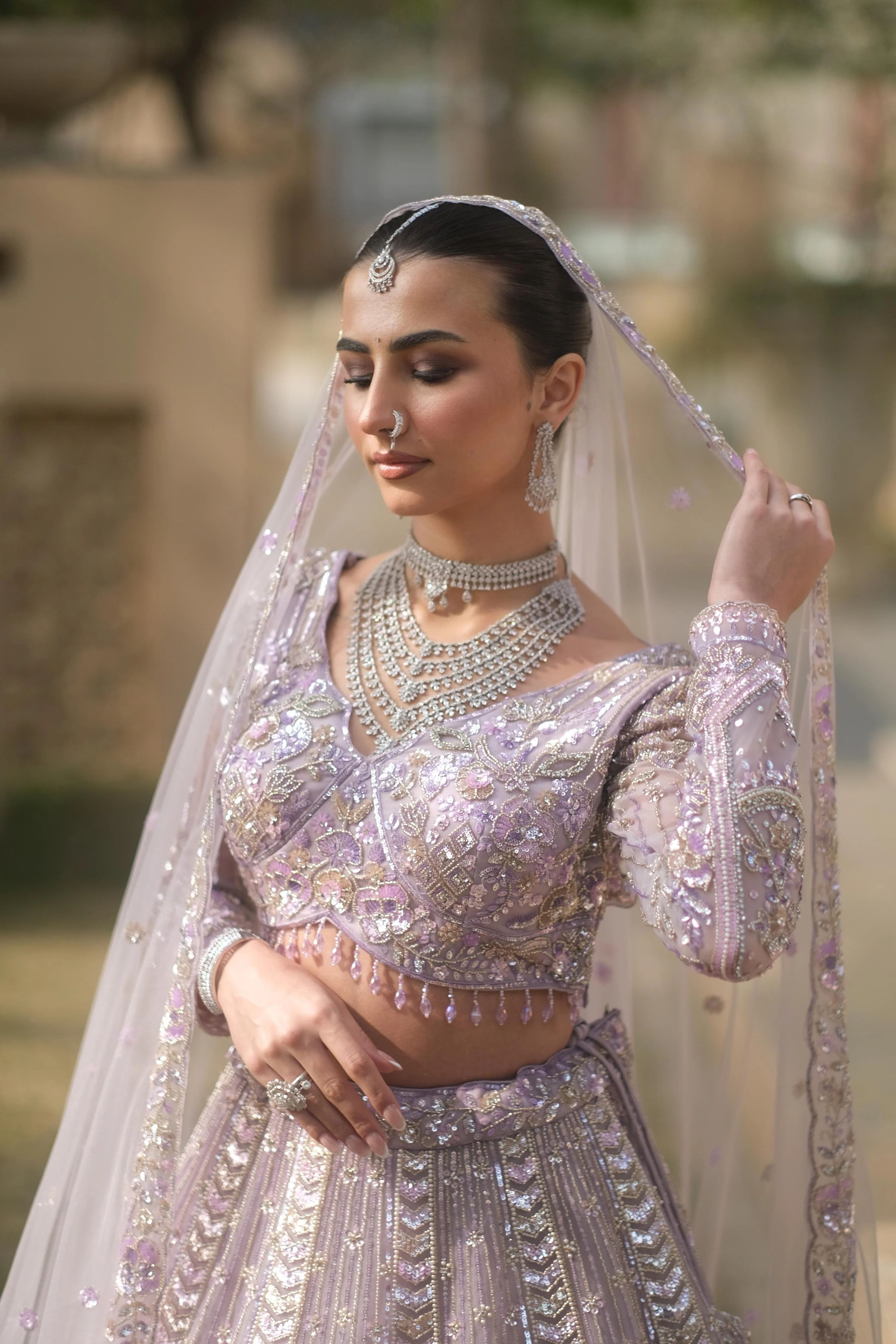 Lilac Net Lehenga with Floral Embellishments - Image 3