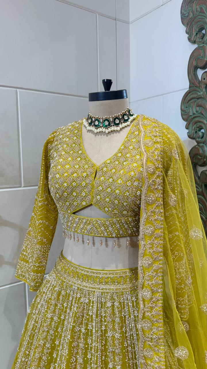 Lime Yellow Embroidered Lehenga with Intricate Zari Detailing - Image 2