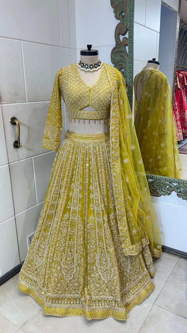 Lime Yellow Embroidered Lehenga with Intricate Zari Detailing - Image 4