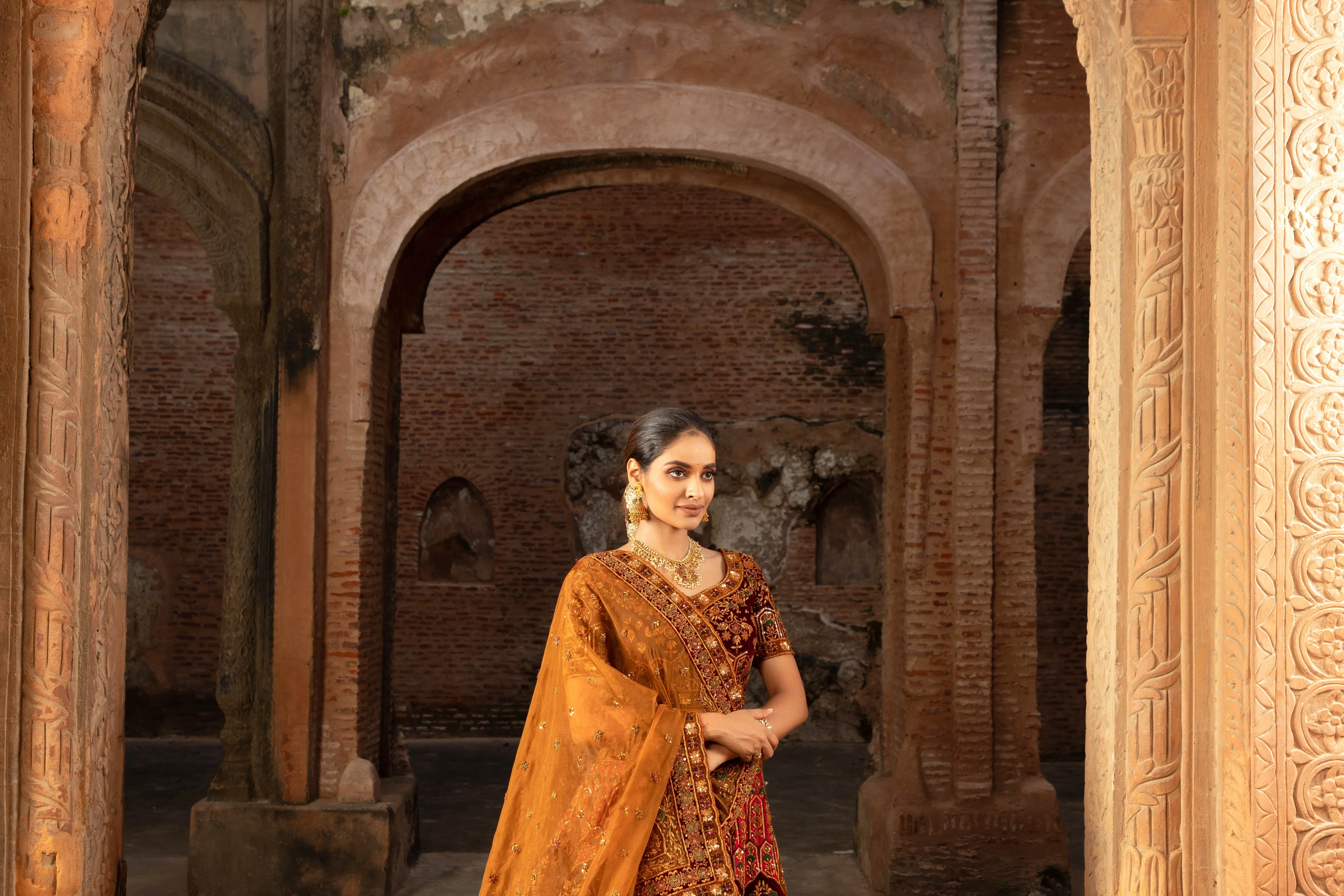 Lustrous Rusted Silk Bridal Lehenga with Sequins and Delicate Floral Motifs - Image 2