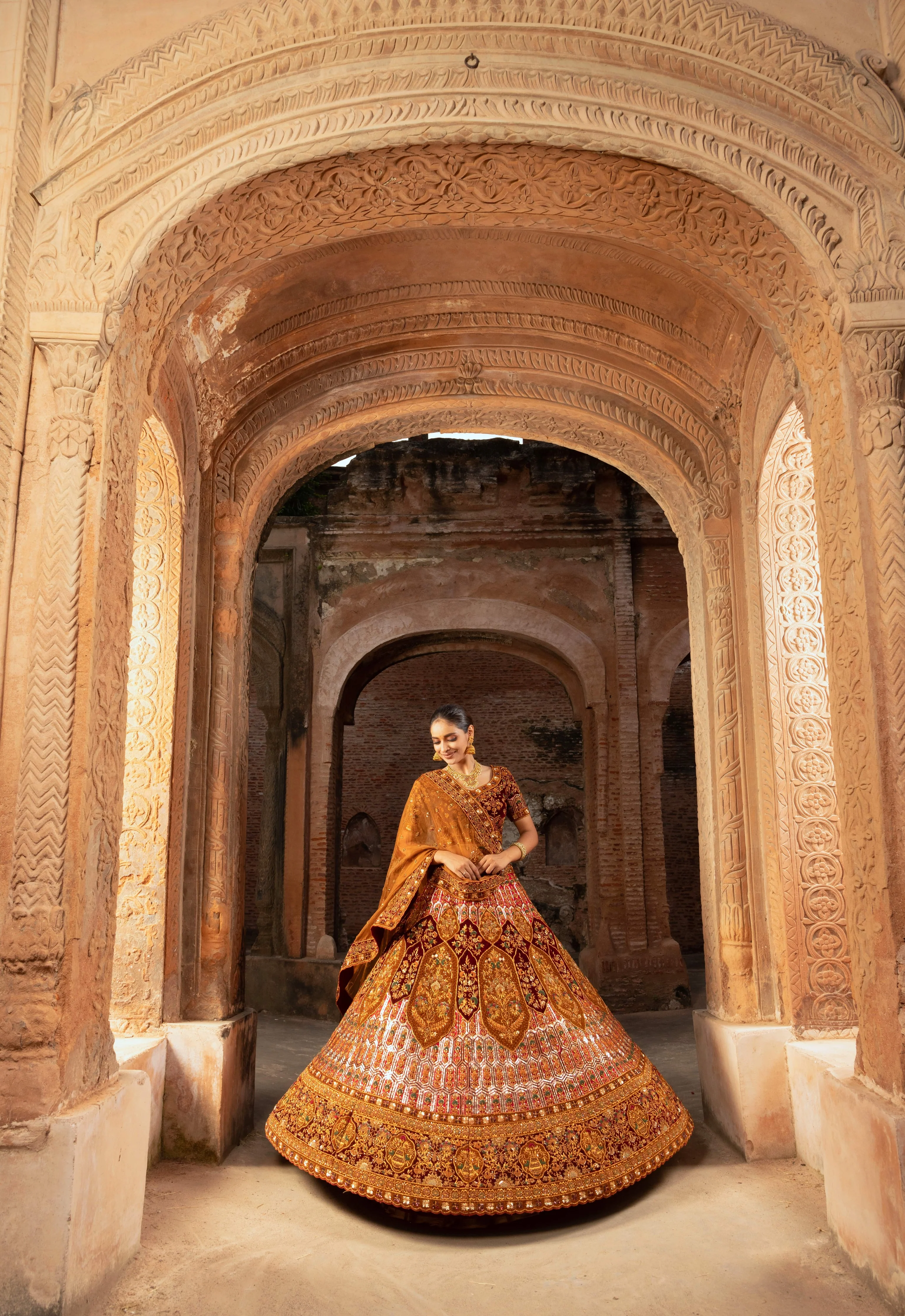 Lustrous Rusted Silk Bridal Lehenga with Sequins and Delicate Floral Motifs - Image 3