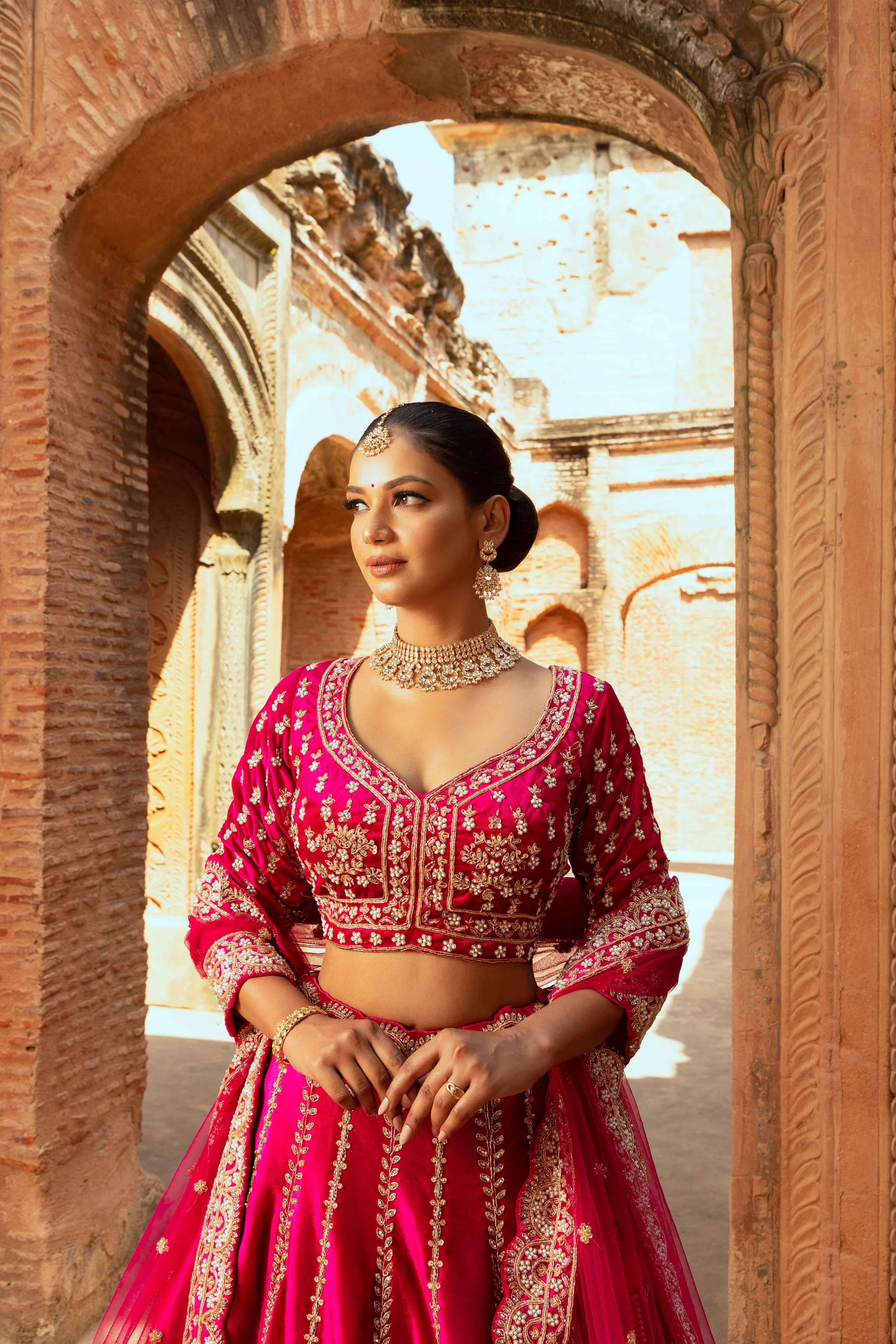 Magenta Velvet Bridal Lehenga - Image 4