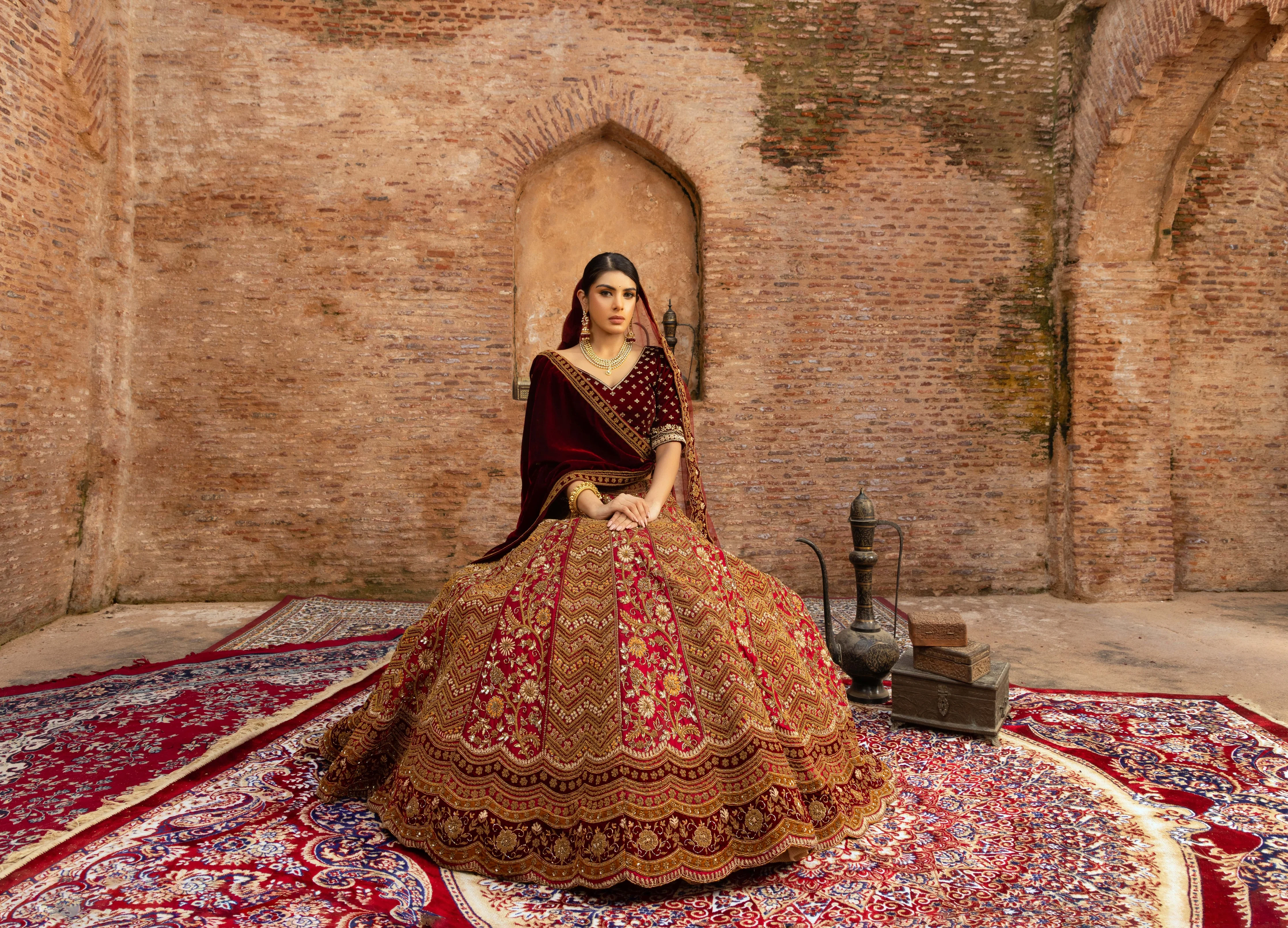 Maroon Bridal Lehenga with Pot Sequins and Velvet Dupattas - Image 2