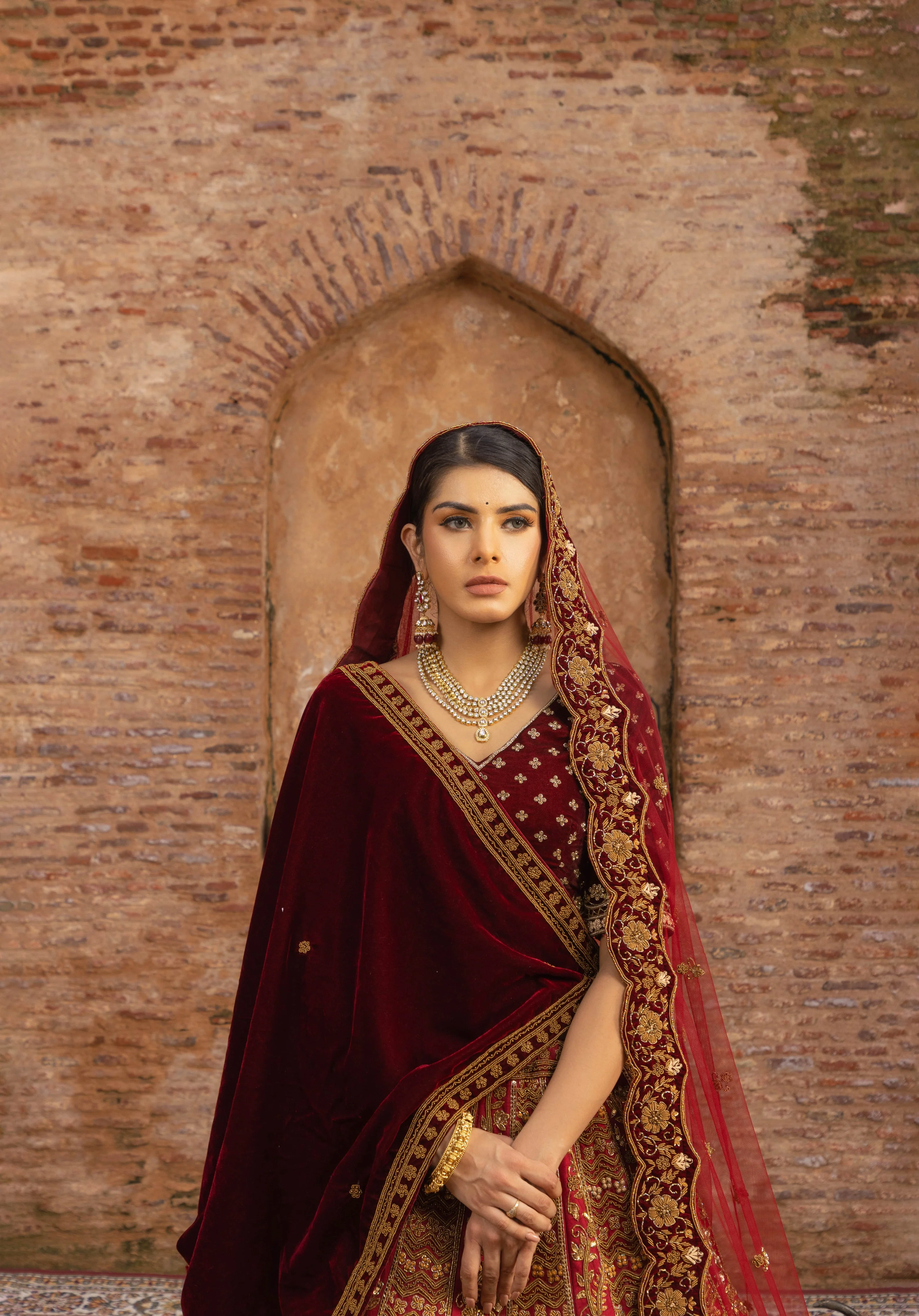 Maroon Bridal Lehenga with Pot Sequins and Velvet Dupattas - Image 3