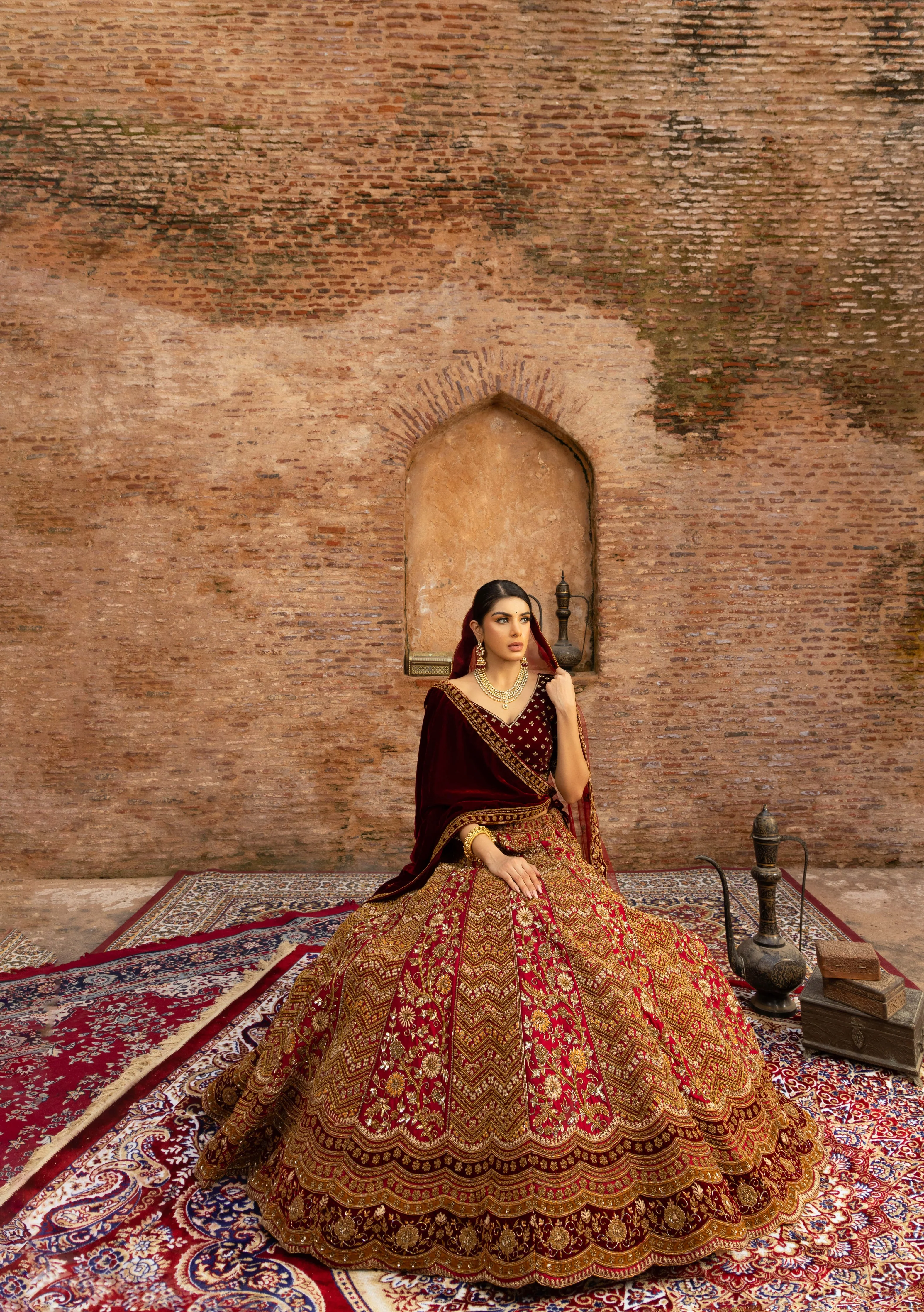 Maroon Bridal Lehenga with Pot Sequins and Velvet Dupattas - Image 4