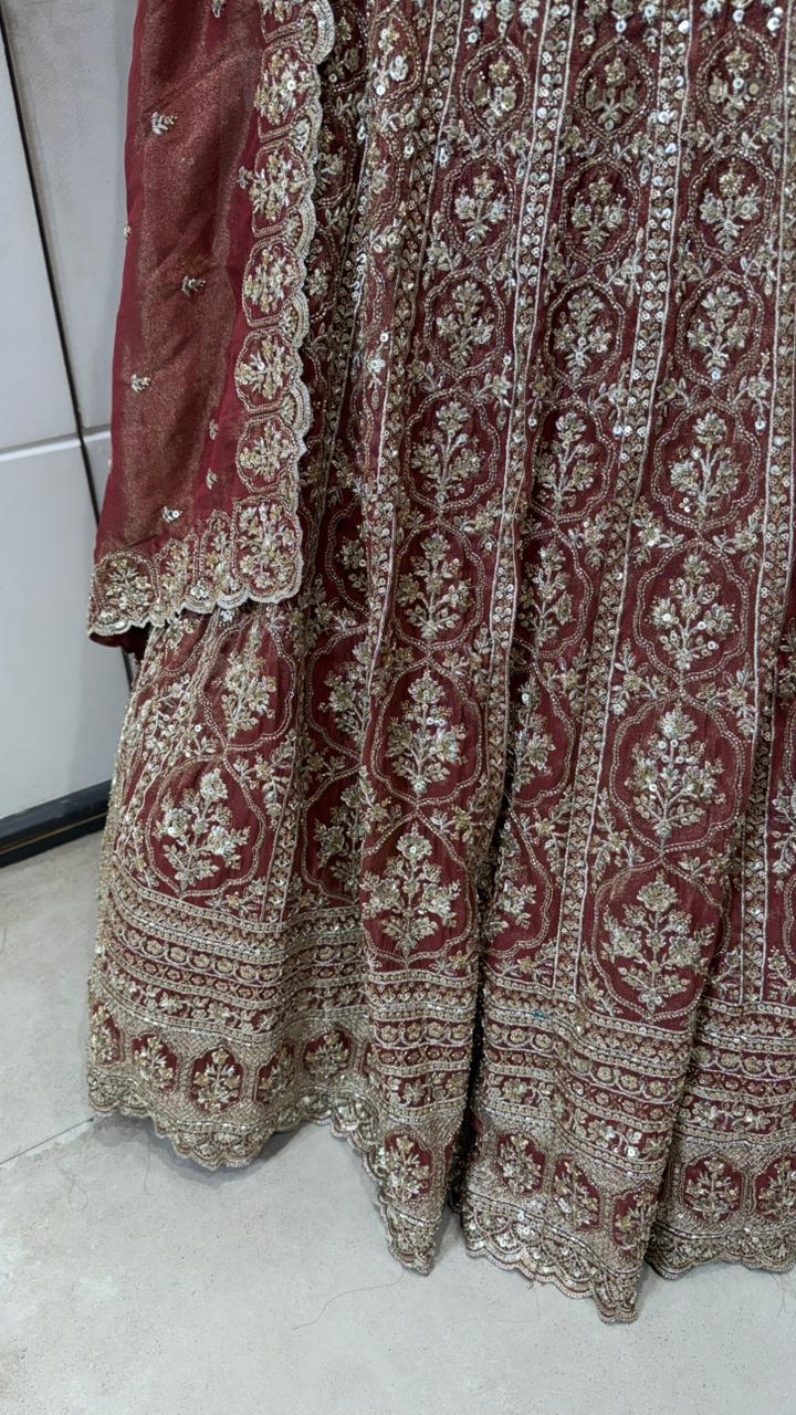 Maroon Hand-Embroidered Zardozi Velvet Bridal Lehenga Set - Image 2