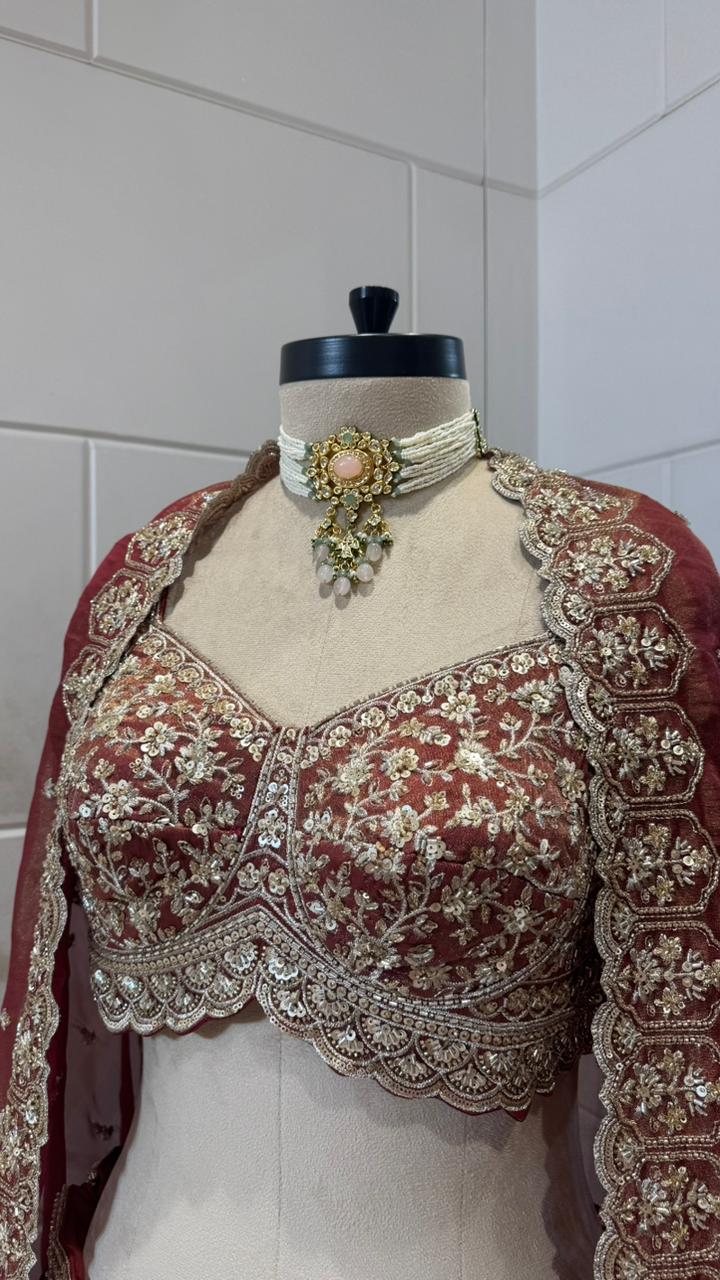 Maroon Hand-Embroidered Zardozi Velvet Bridal Lehenga Set - Image 3