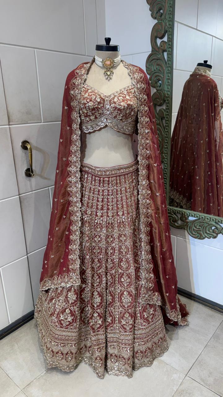 Maroon Hand-Embroidered Zardozi Velvet Bridal Lehenga Set - Image 4