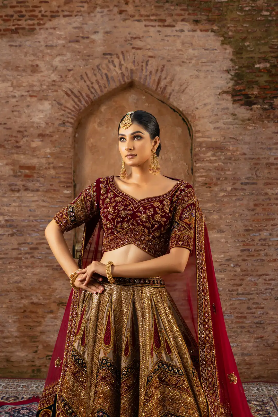 Marwari Silk Bridal Lehenga with Zardozi Embroidery - Image 4