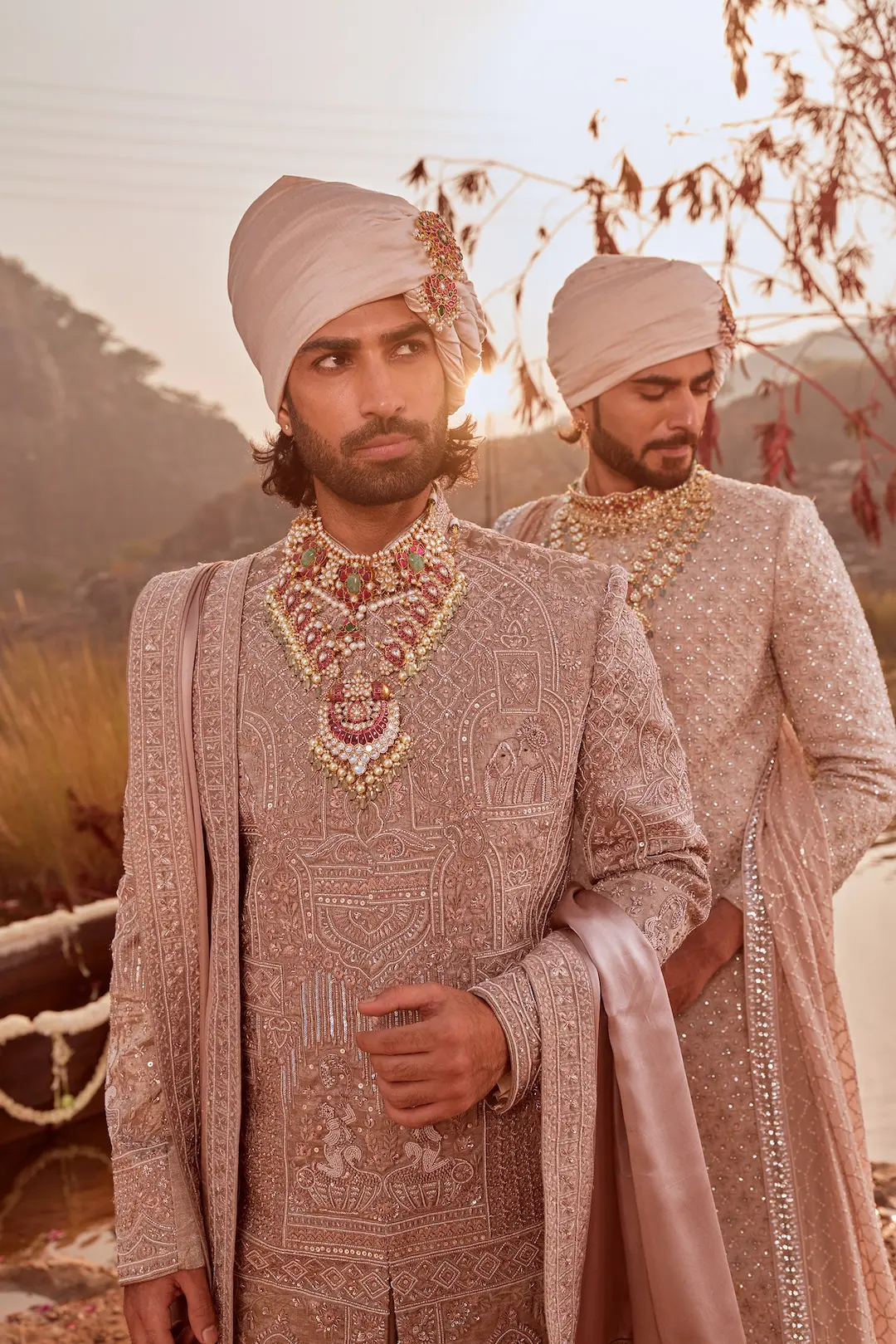 Mauve handwoven silk embroidered Sherwani set - Image 3