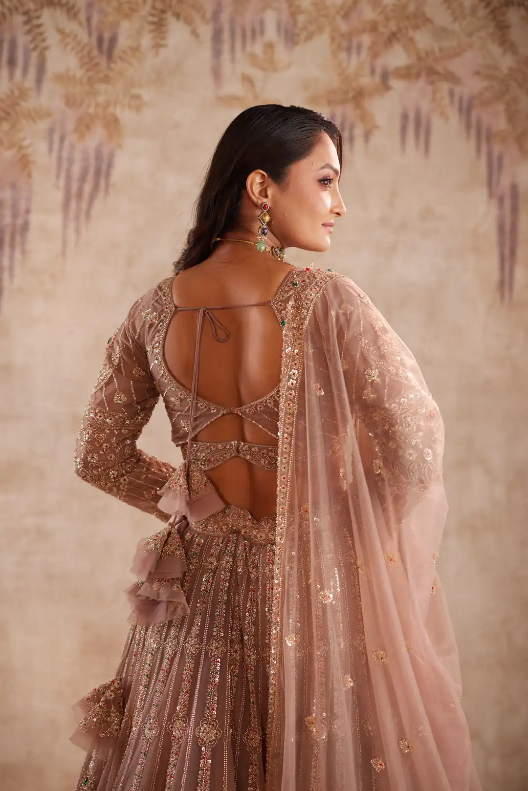 Mauve net lehenga with multi color beadwork - Image 2