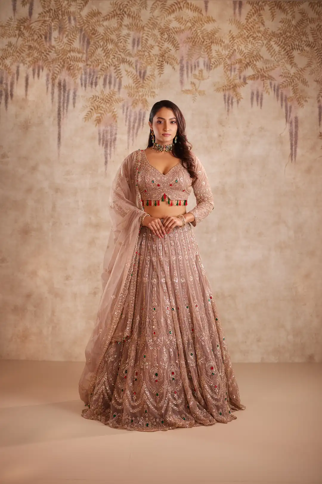 Mauve net lehenga with multi color beadwork - Image 3