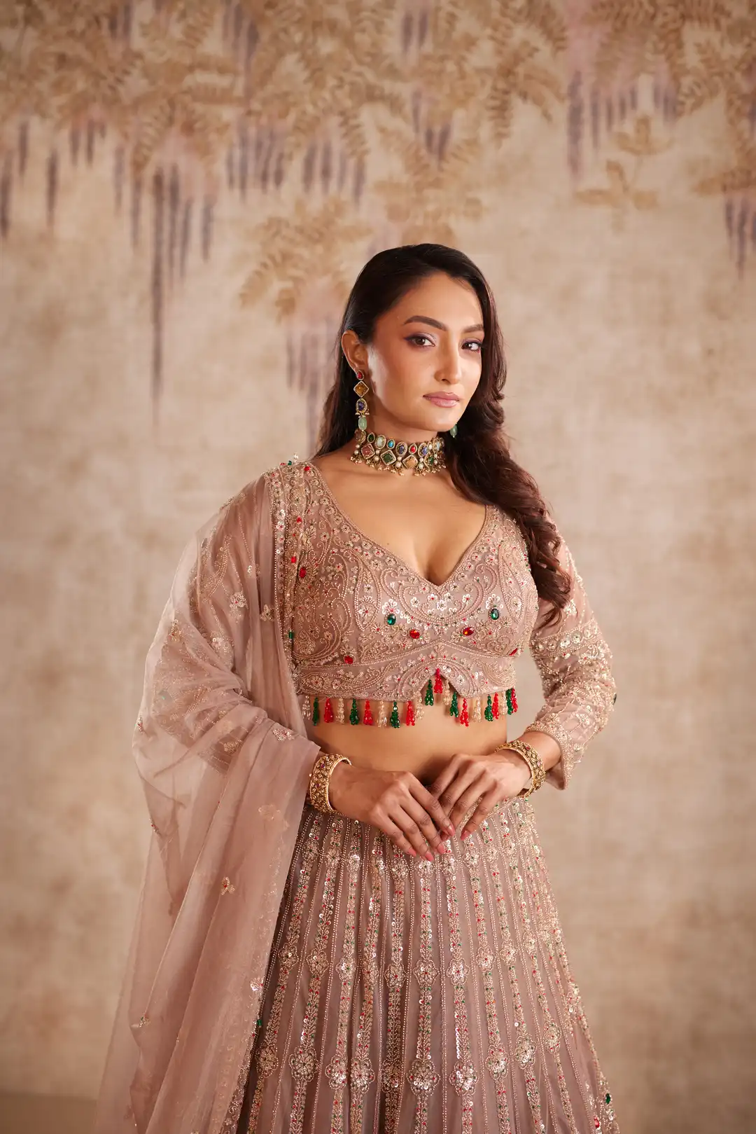 Mauve net lehenga with multi color beadwork - Image 4
