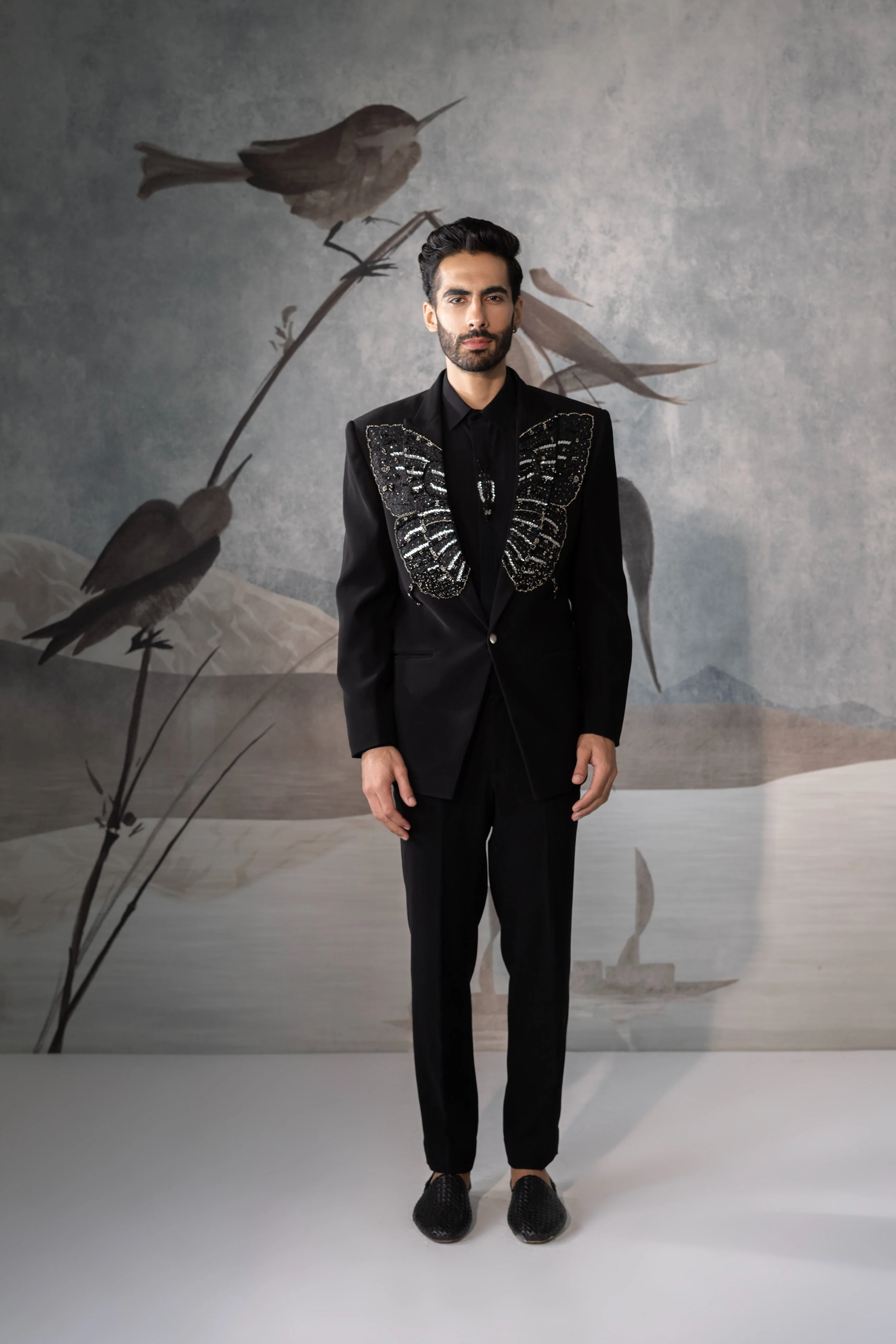 Men’s Black Designer Tuxedo Suit with Embroidered Lapel - Image 2