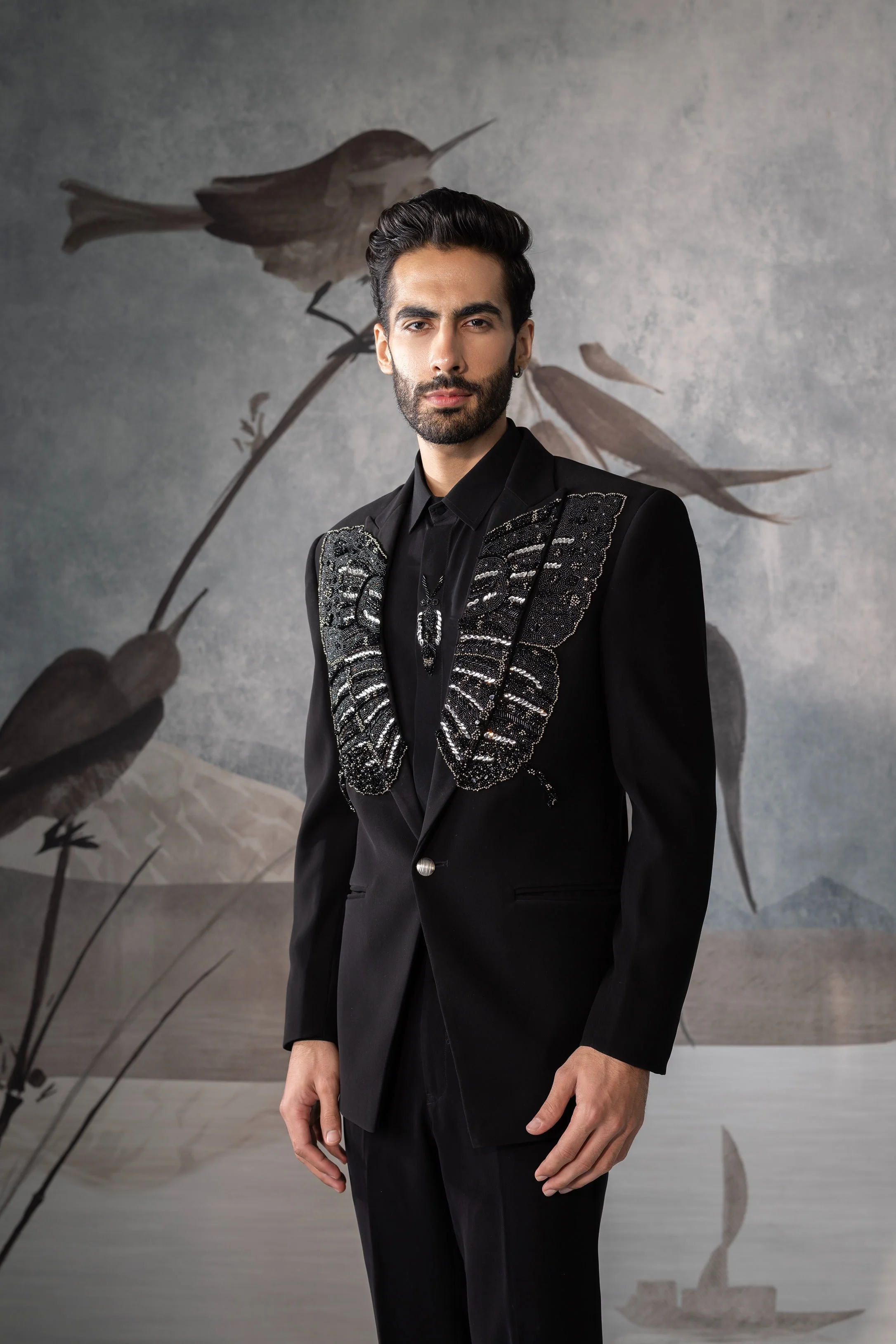Men’s Black Designer Tuxedo Suit with Embroidered Lapel - Image 3