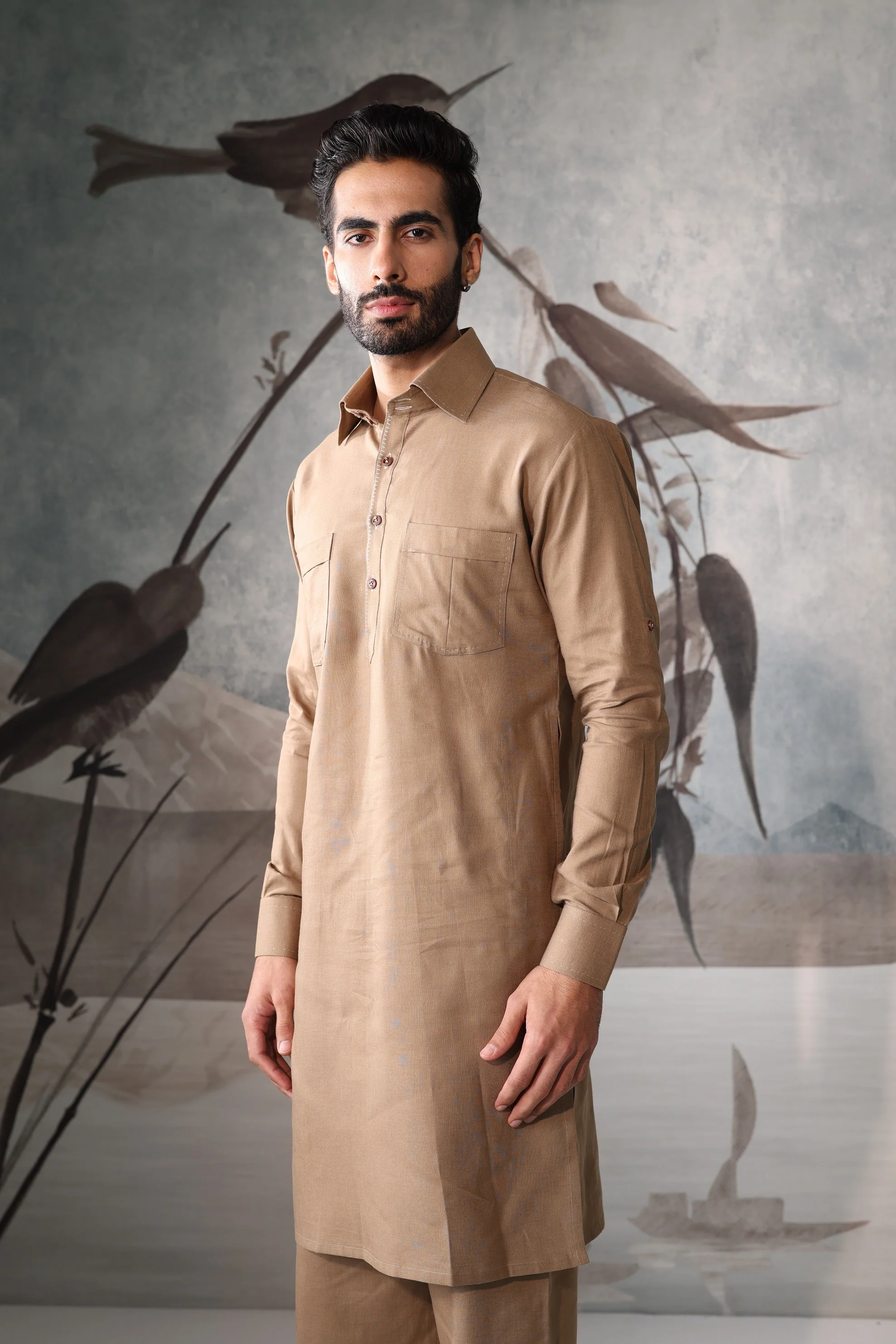 Men's Beige linen saif kurta set - Image 3