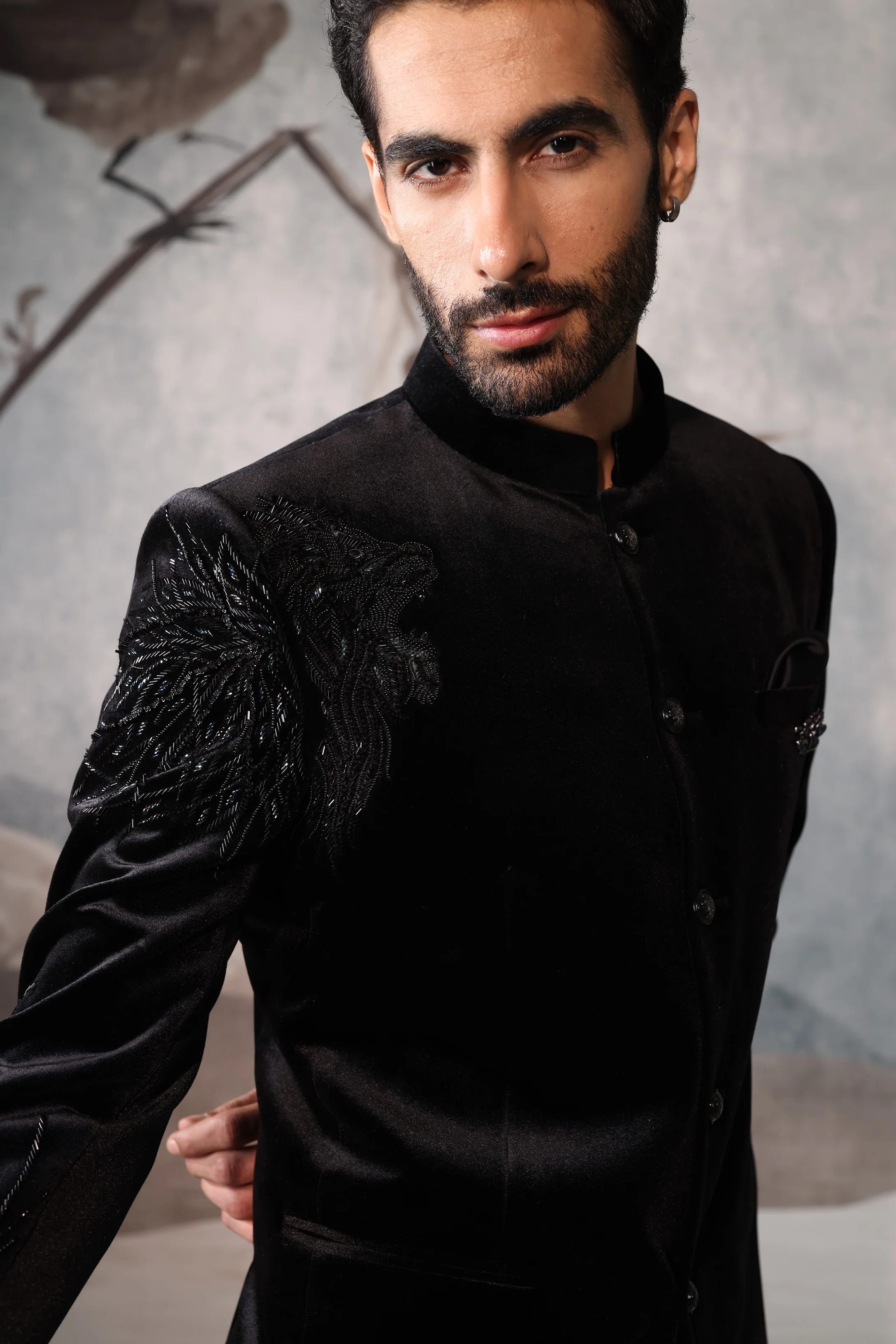Men's Black Bandhgala With Shoulder Sequined Design - Image 3