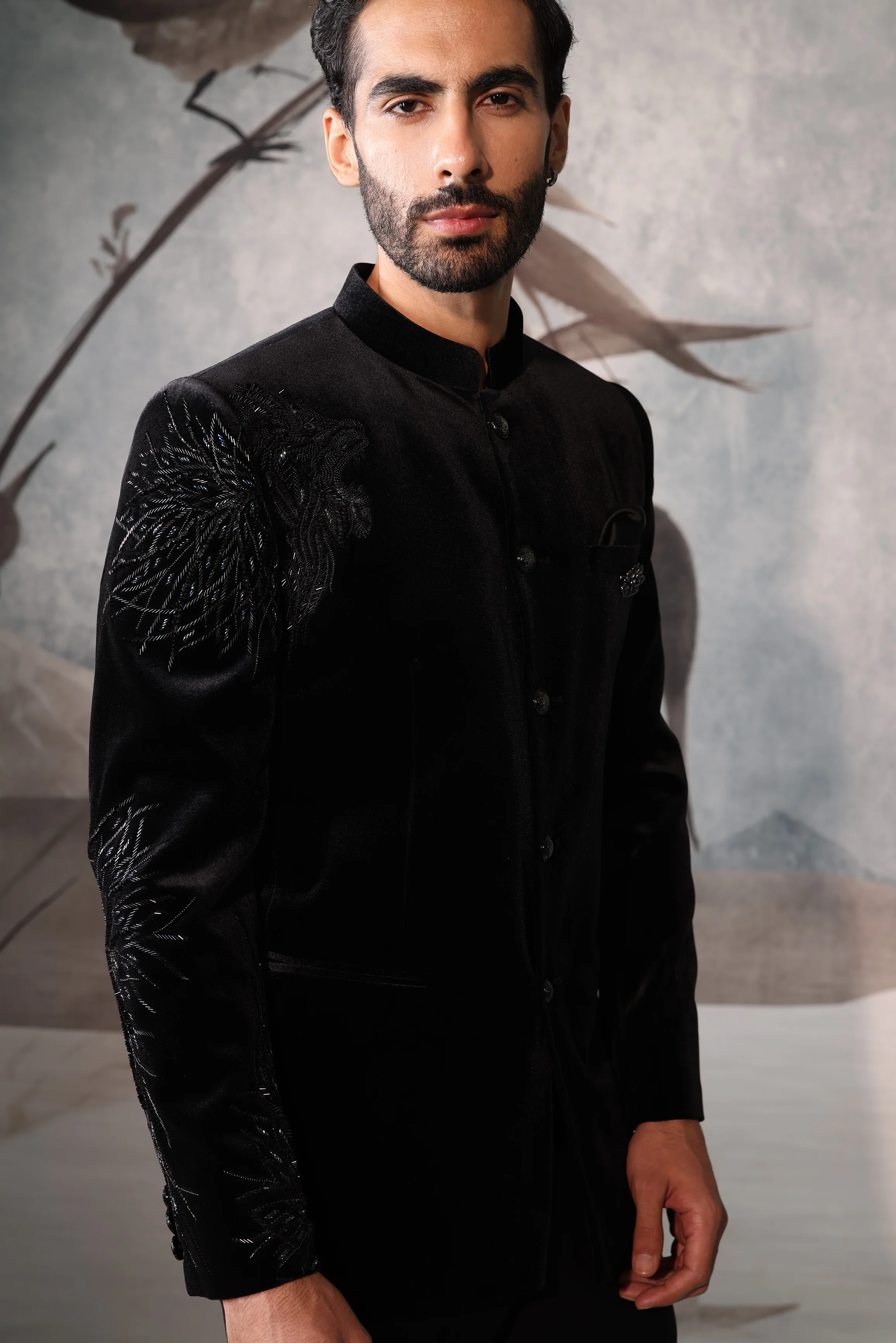 Men's Black Bandhgala With Shoulder Sequined Design - Image 4