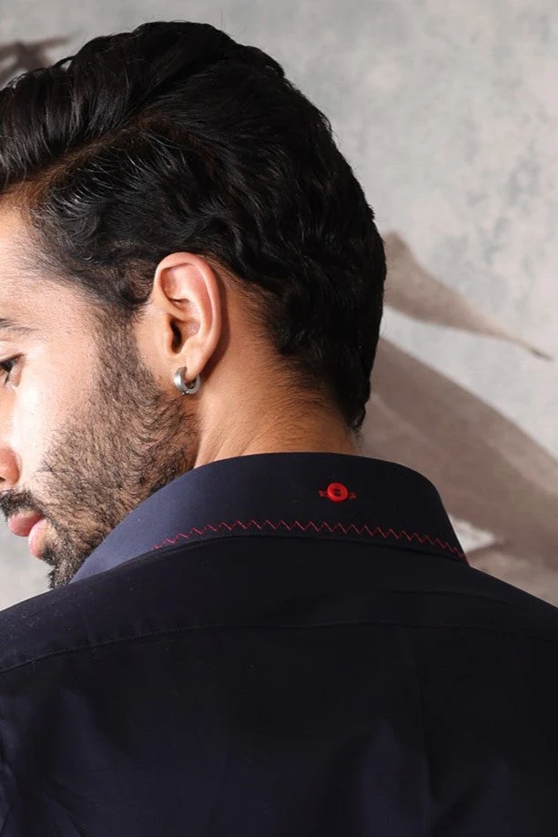 Men's Navy Crest Embroidered Shirt with Printed Contrast Cuffs - Image 3