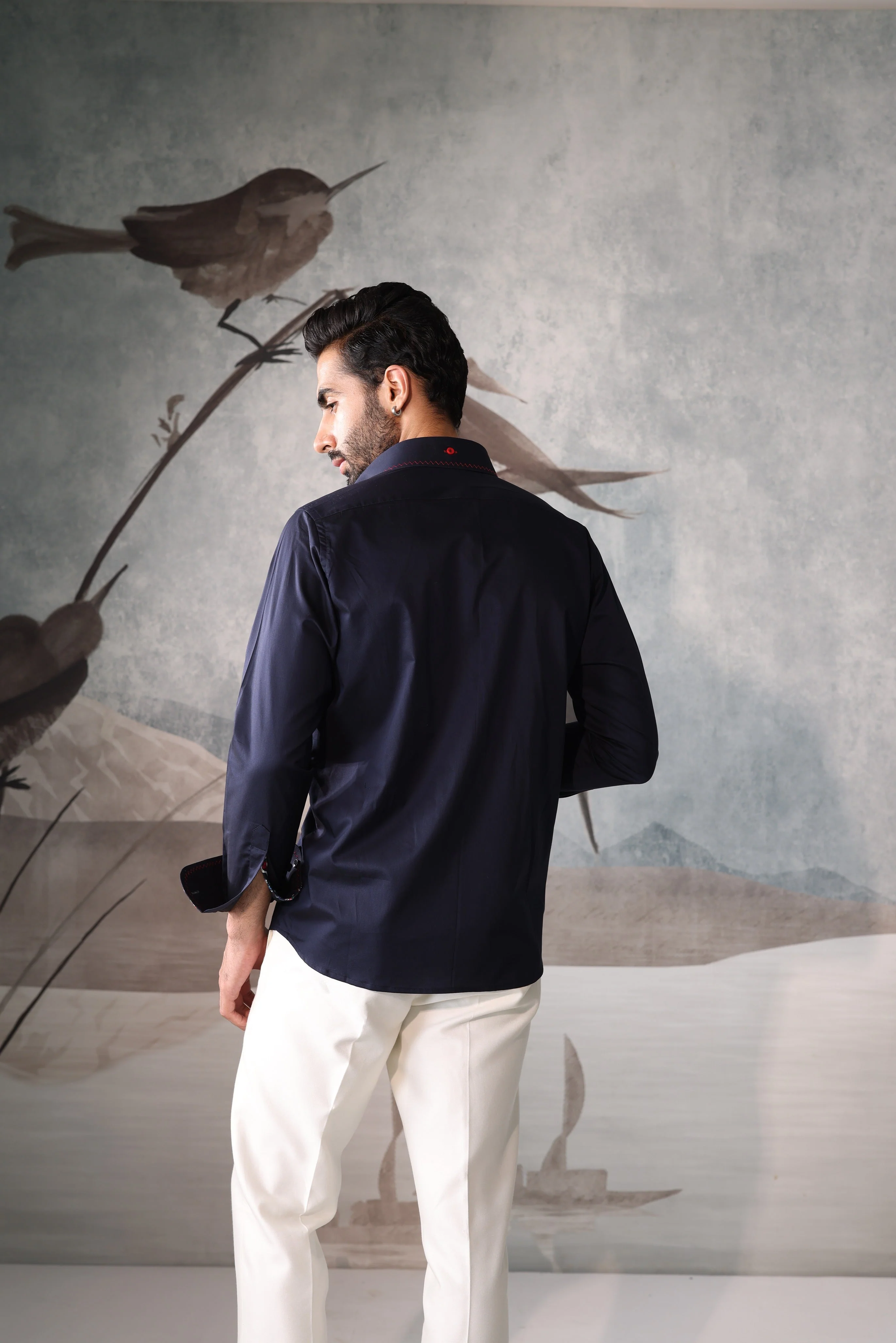Men's Navy Crest Embroidered Shirt with Printed Contrast Cuffs - Image 4