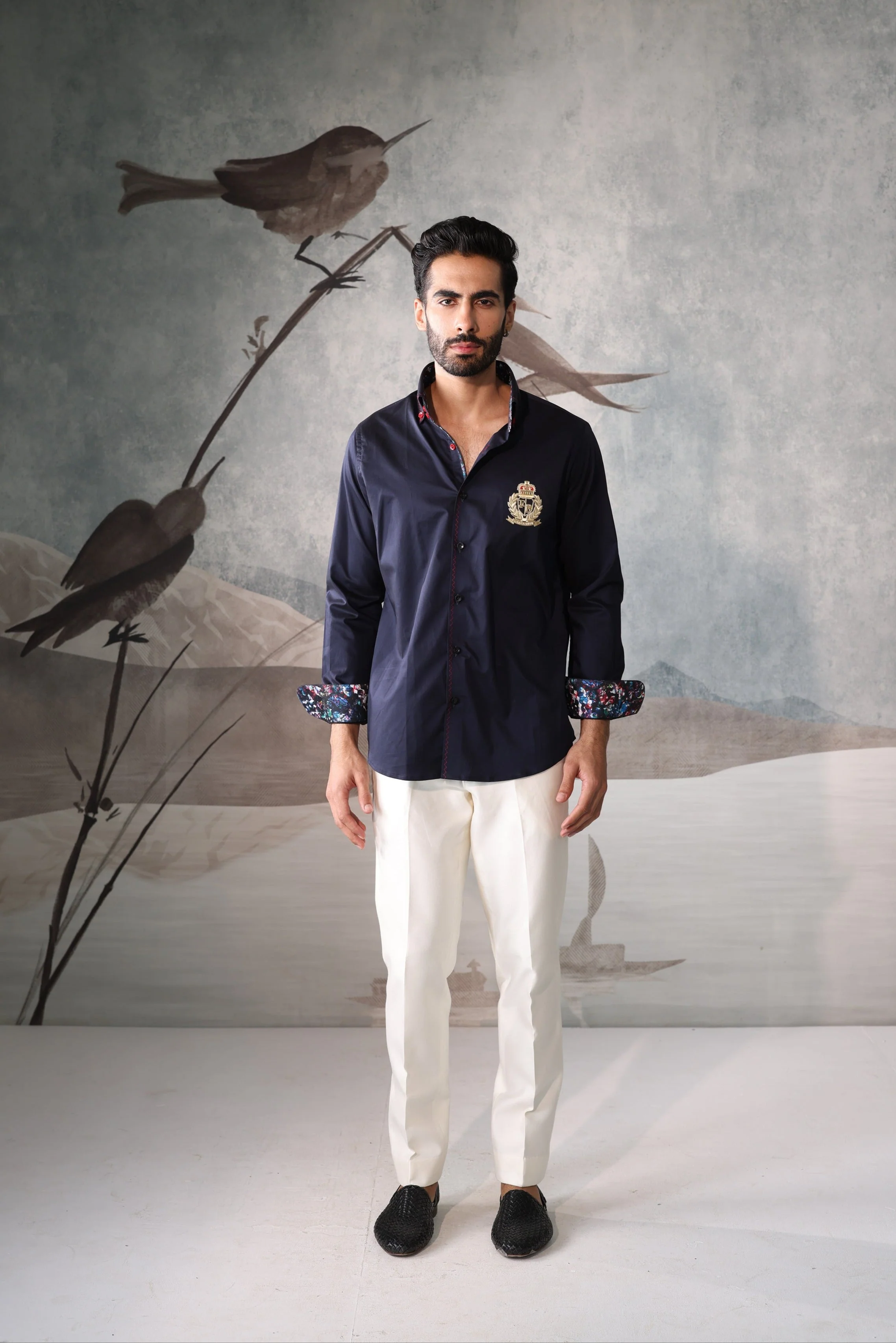Men's Navy Crest Embroidered Shirt with Printed Contrast Cuffs - Image 6