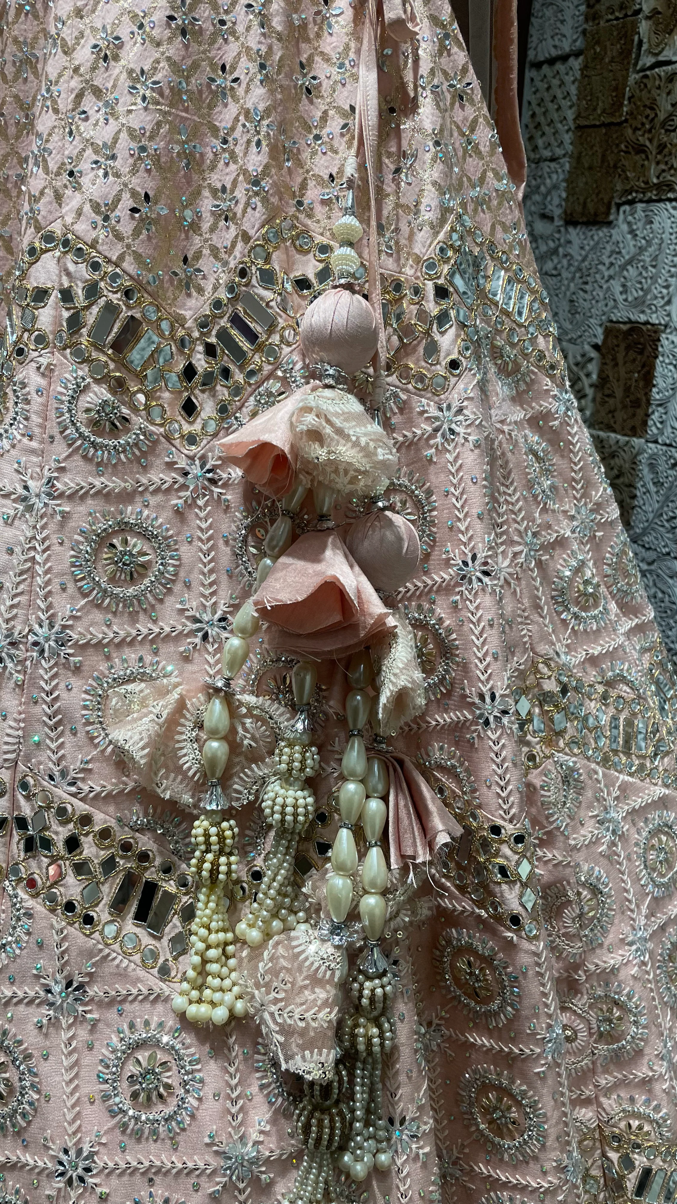 Mint Green | Pastel Pink - Mirror Work Lehenga - Image 5
