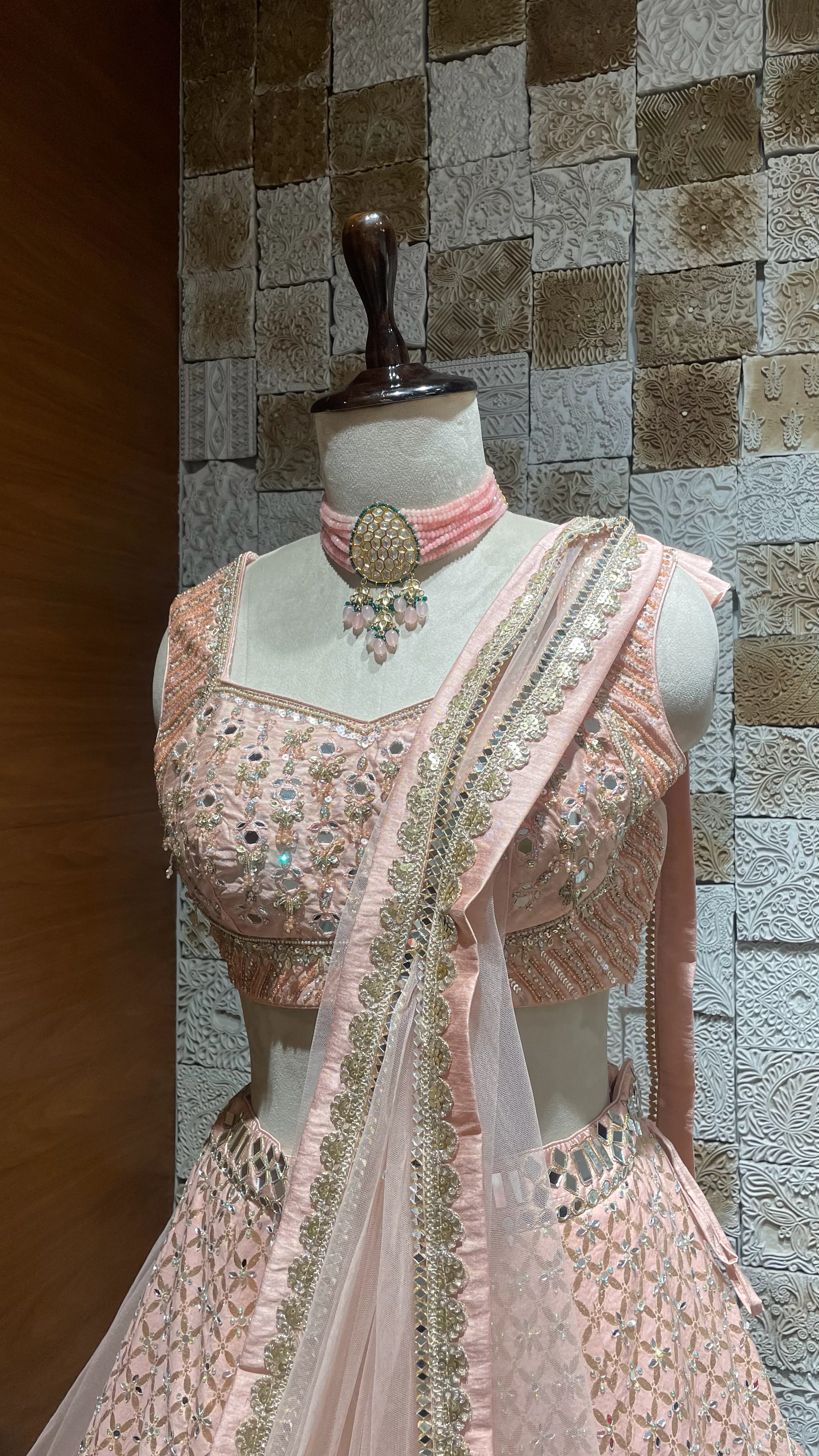 Mint Green | Pastel Pink - Mirror Work Lehenga - Image 6